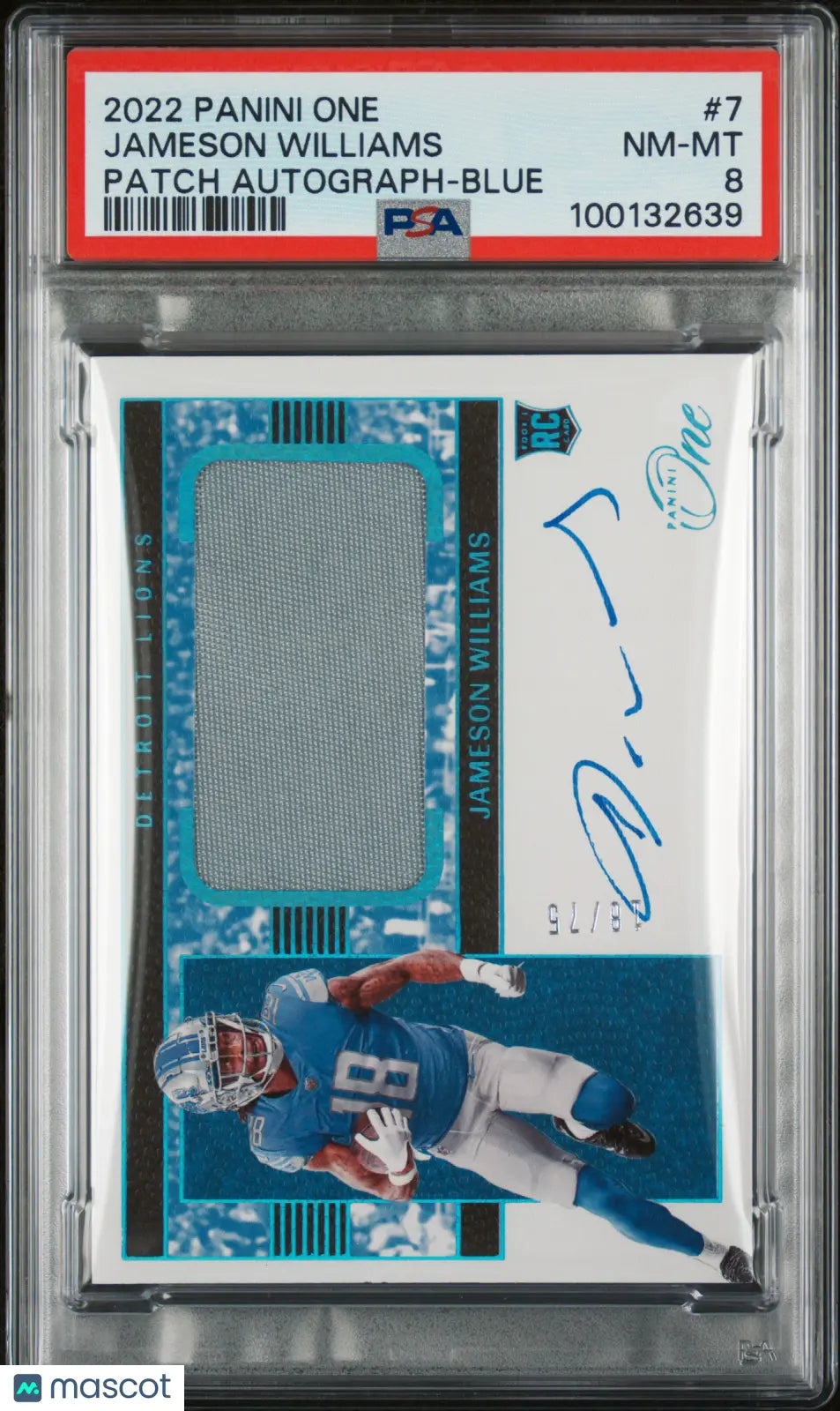 2022 Panini One Football Jameson Williams Rookie Patch Autograph Blue PSA 8 /75 