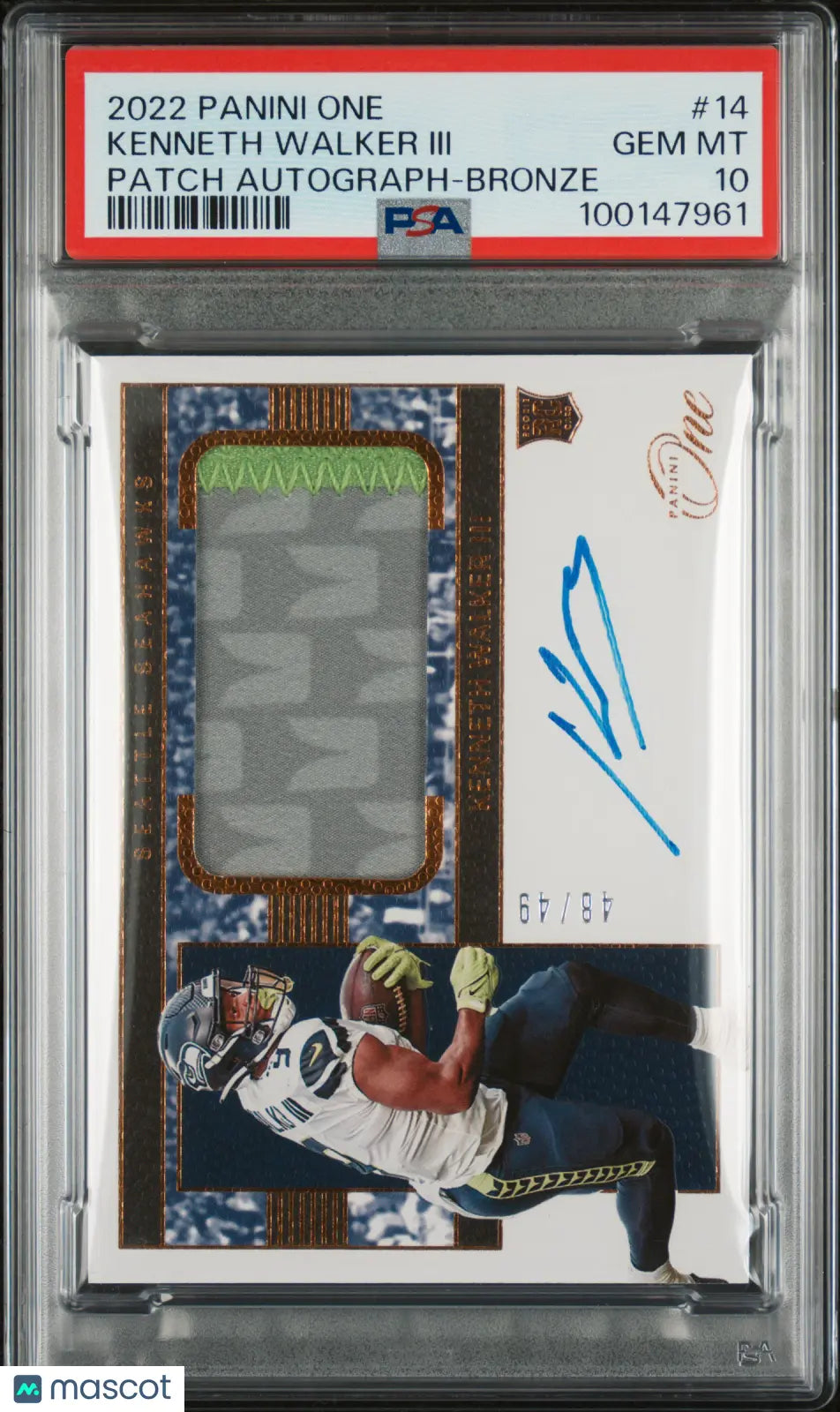 2022 Panini One Kenneth Walker III RC Rookie Patch Autograph Bronze PSA 10 /49 