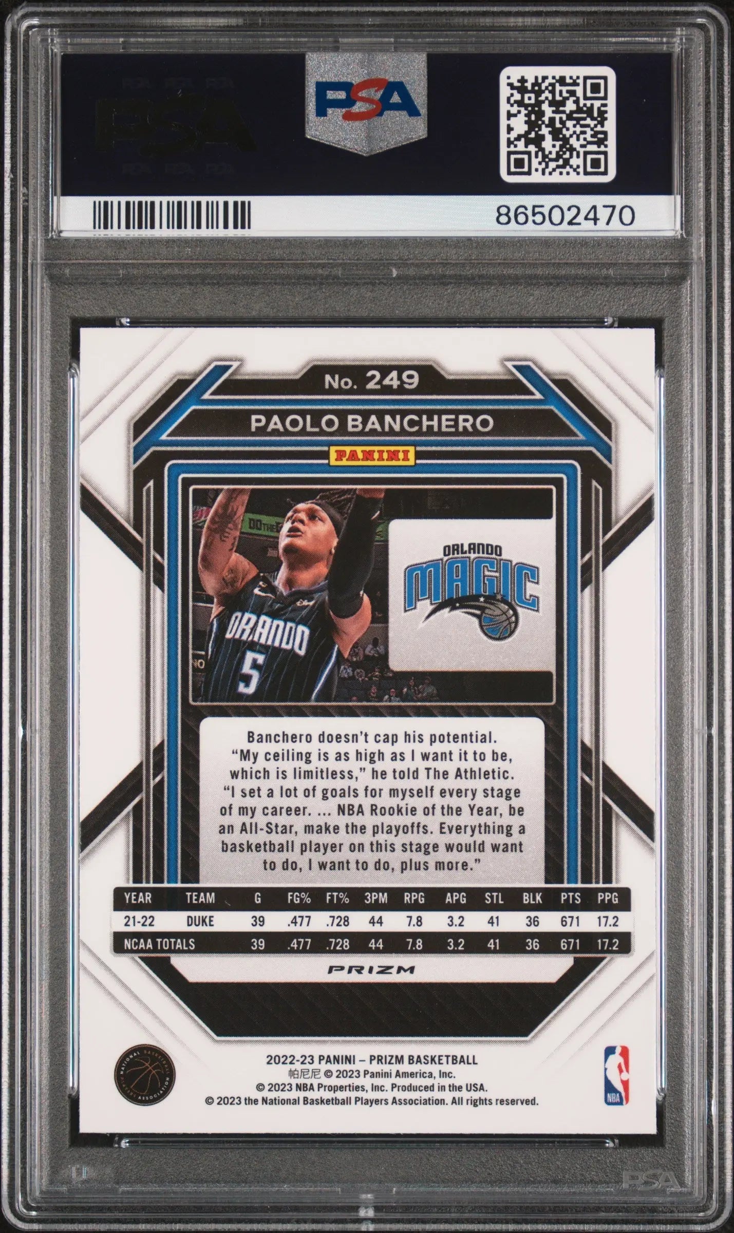 2022 Panini Prizm Basketball Paolo Banchero RC Rookie Fast Break PSA 10 