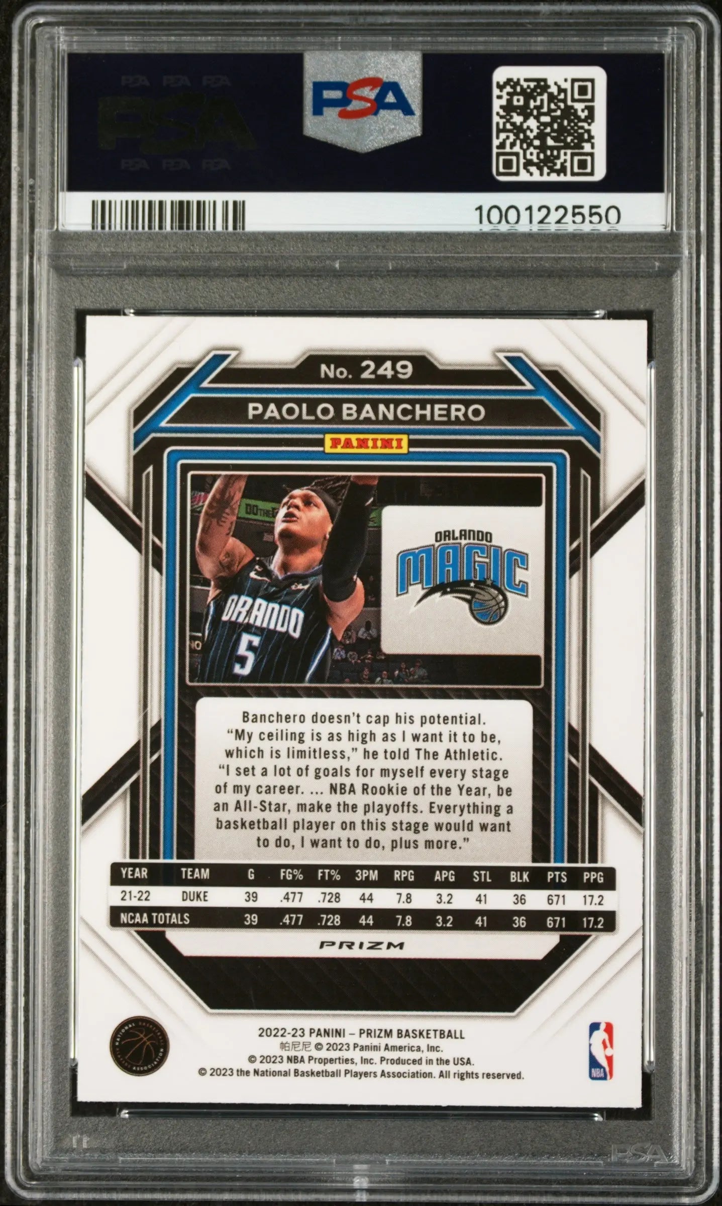 2022 Panini Prizm Basketball Paolo Banchero RC Rookie Silver Prizm PSA 9 