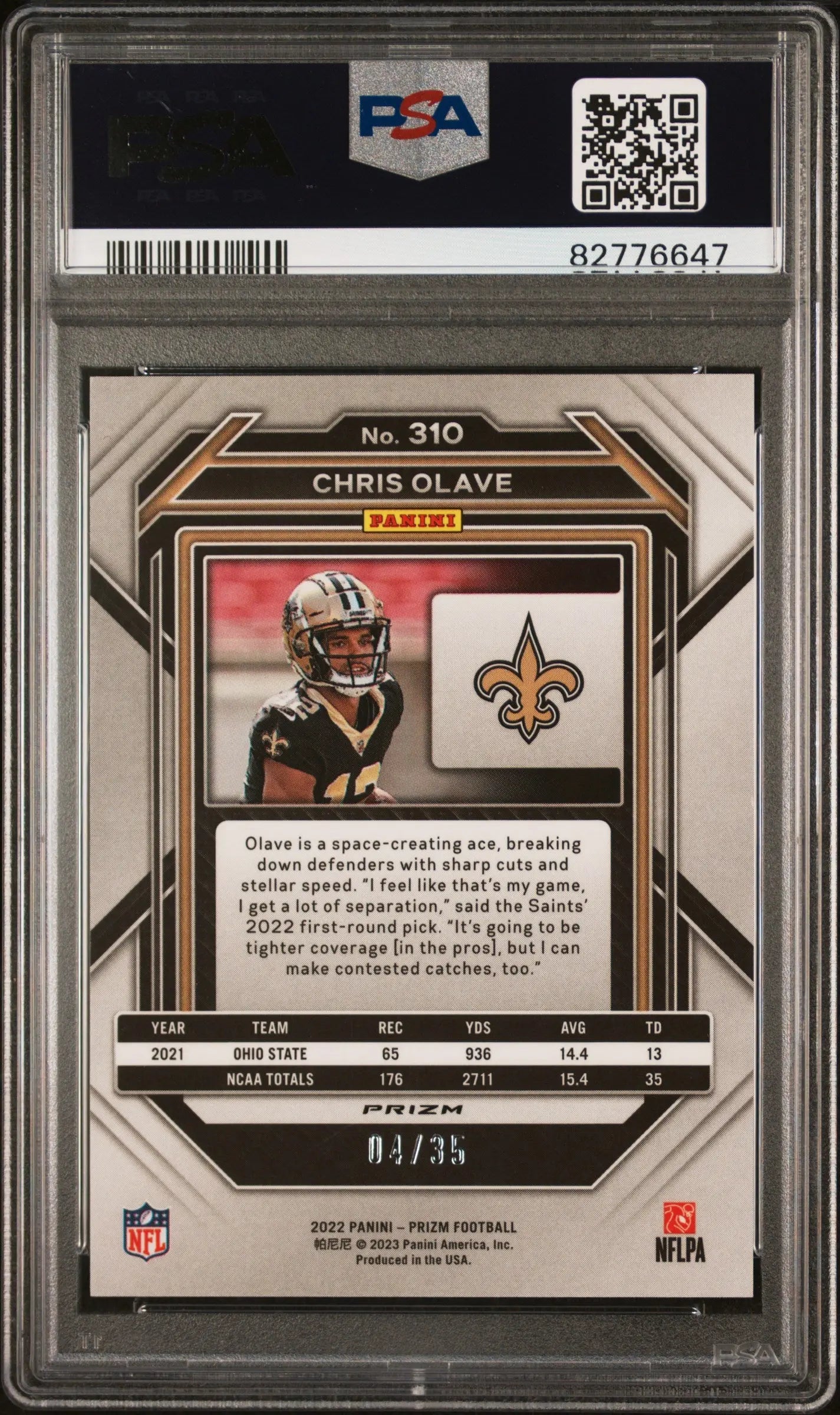 2022 Panini Prizm Football Chris Olave RC No Huddle Purple Prizm PSA 10 /35 