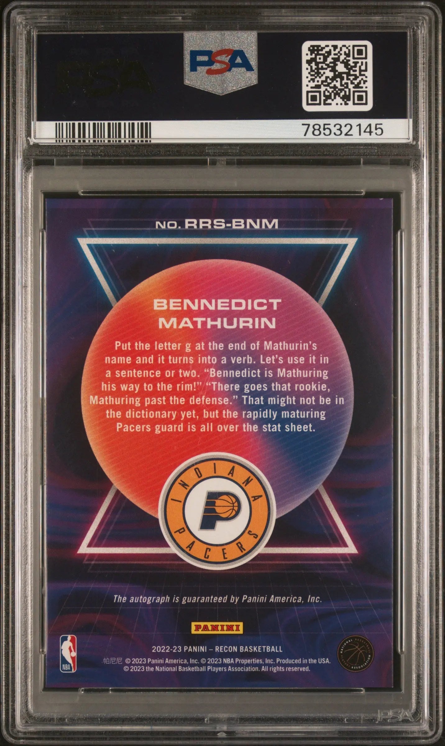 2022 Panini Recon Rookie Recon Signatures Auto Bennedict Mathurin PSA 9 /75 