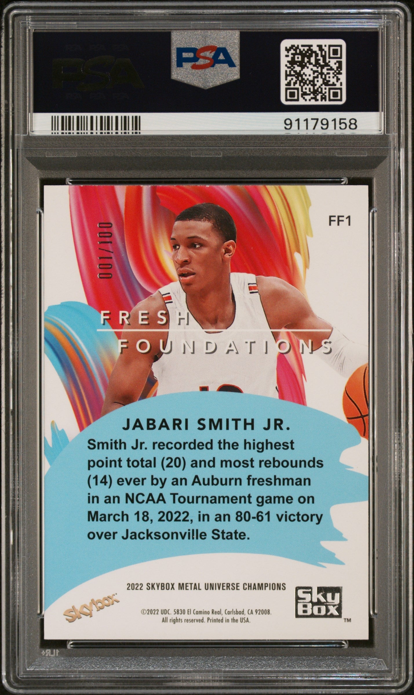 2022 Skybox Metal Univ Champ Fresh Foundations Red Pmg Jabari Smith Psa 8 100 2