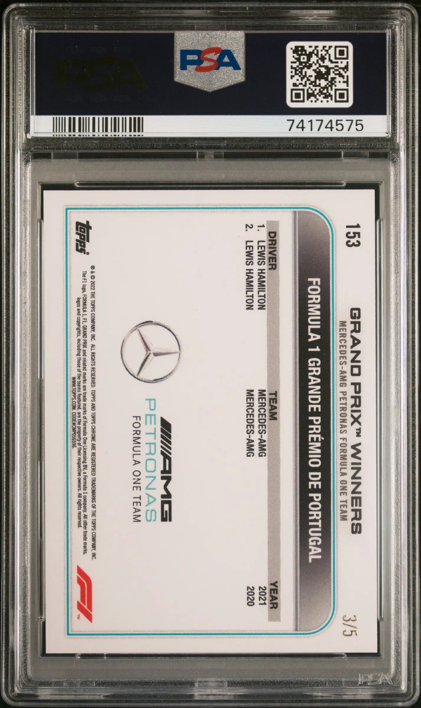 2022 Topps Chrome Formula 1 Lewis Hamilton Red Wave Refractor PSA 10 /5 