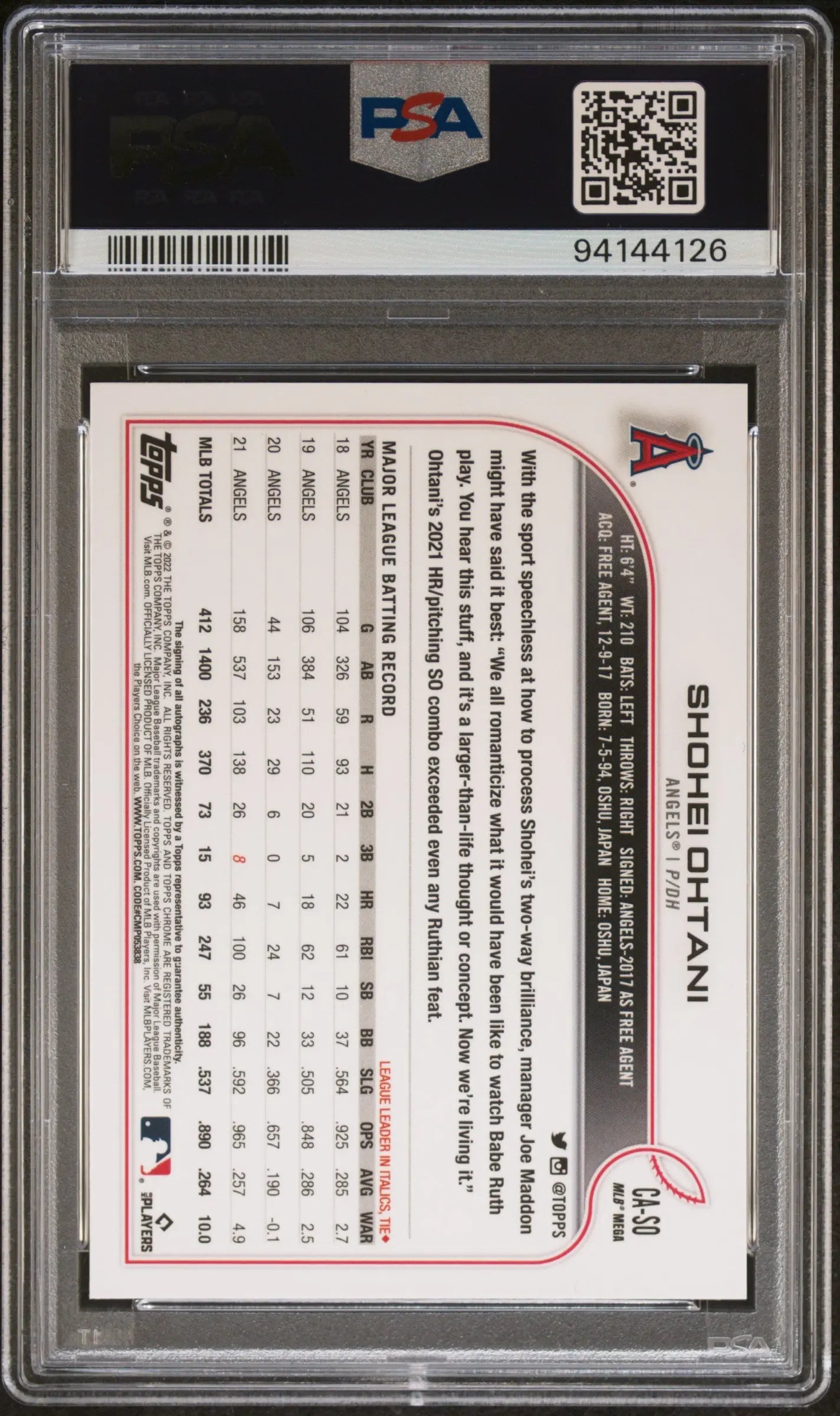 2022 Topps Chrome Logofractor Edition Chrome Auto Shohei Ohtani PSA 10 