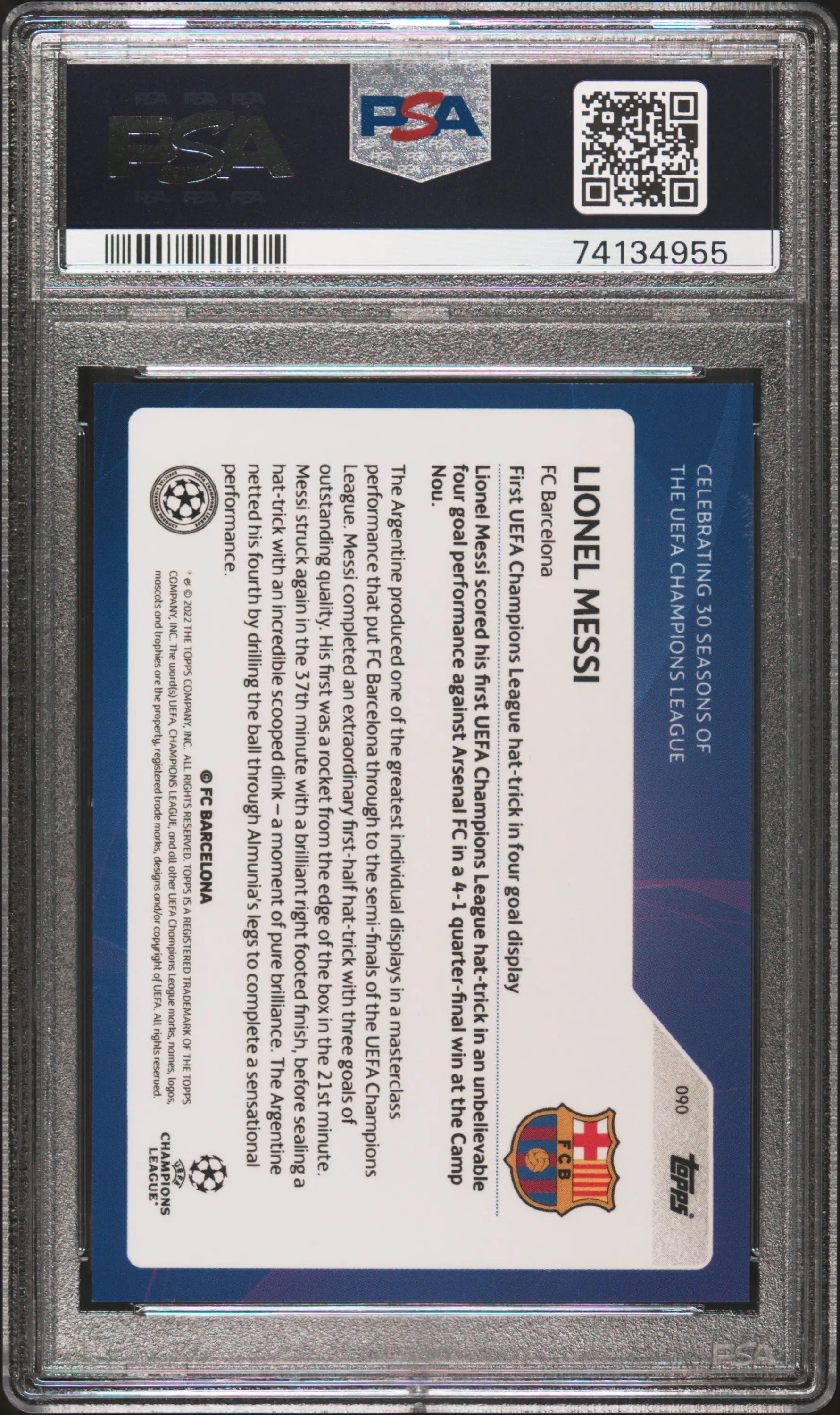 2022 Topps UCL Lionel Messi 30 Seasons Celebration Purple FL PSA 9 /25 #90 