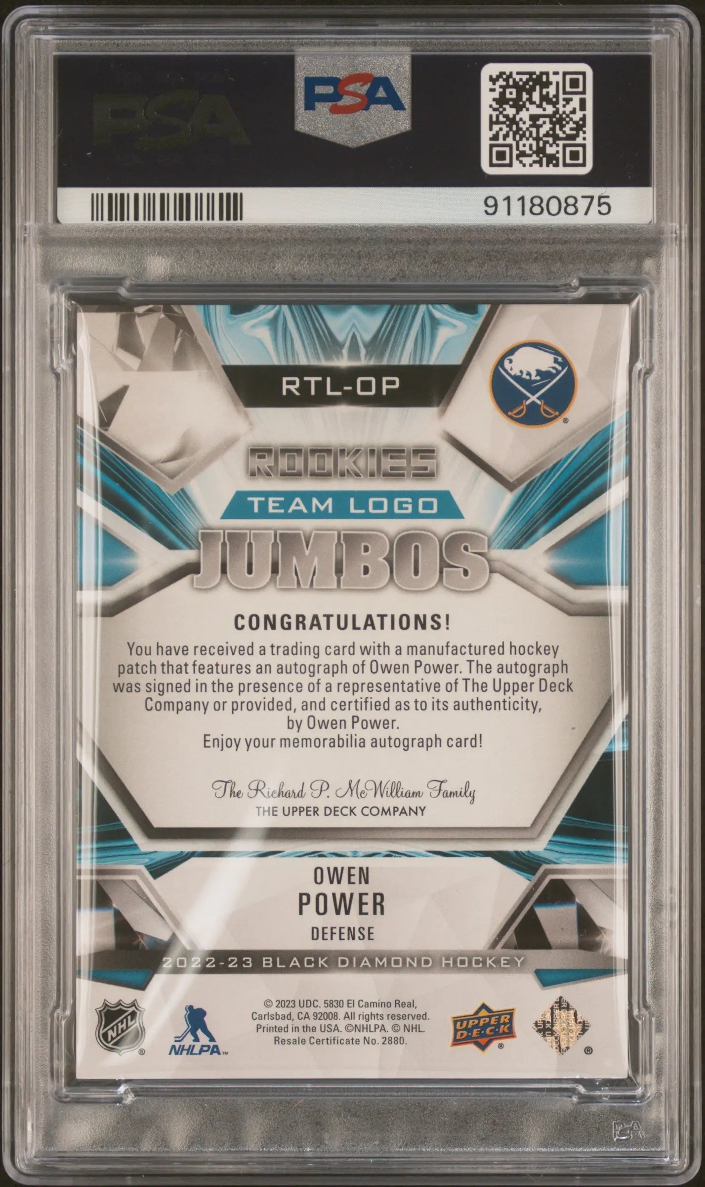 2022 UD Black Diamond Rookie Team Logo Jumbo Patch Auto Owen Power PSA 10 /99 