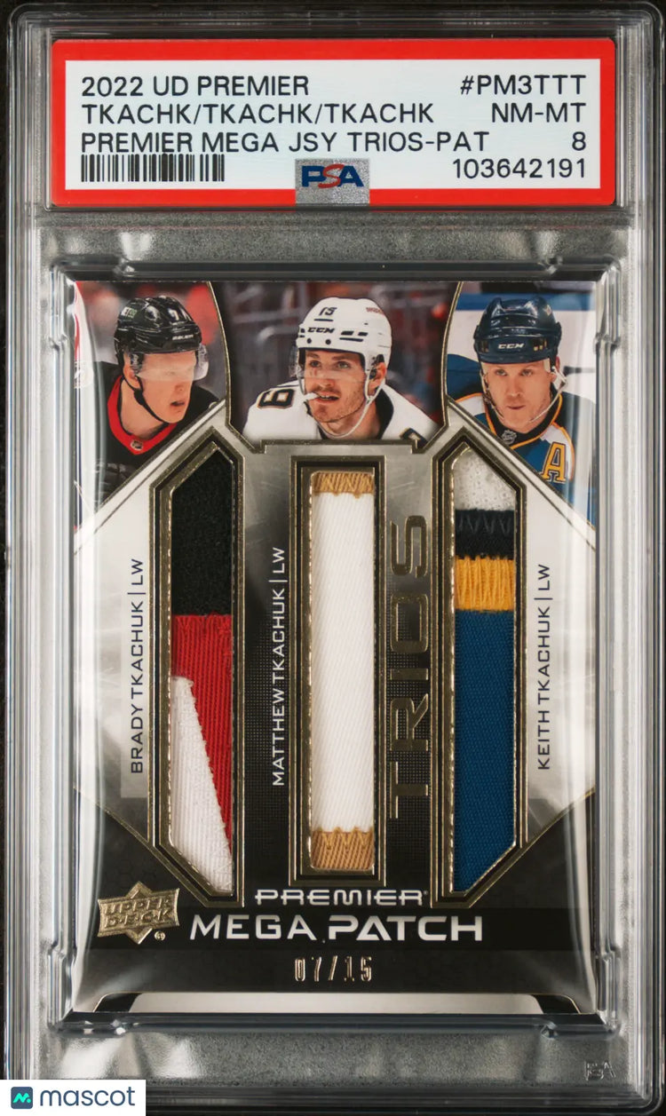 2022 UD Premier Mega Jersey Patch Trios Tkachuk/Tkachuk/Tkachuk PSA 8 /15 