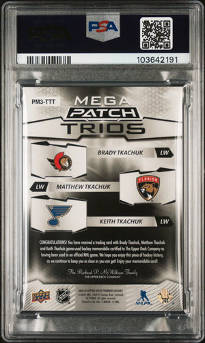 2022 UD Premier Mega Jersey Patch Trios Tkachuk/Tkachuk/Tkachuk PSA 8 /15 