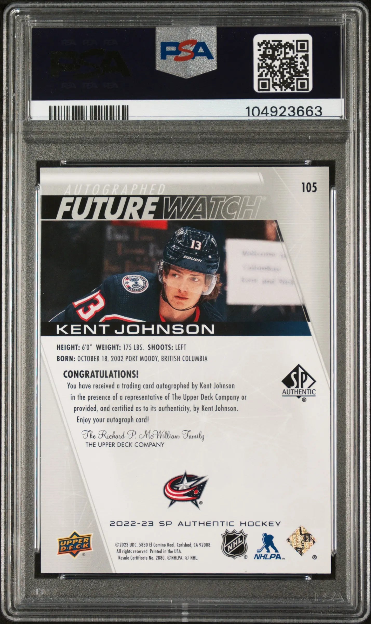 2022 UD SP Authentic Kent Johnson Future Watch Auto PSA 10 /999 