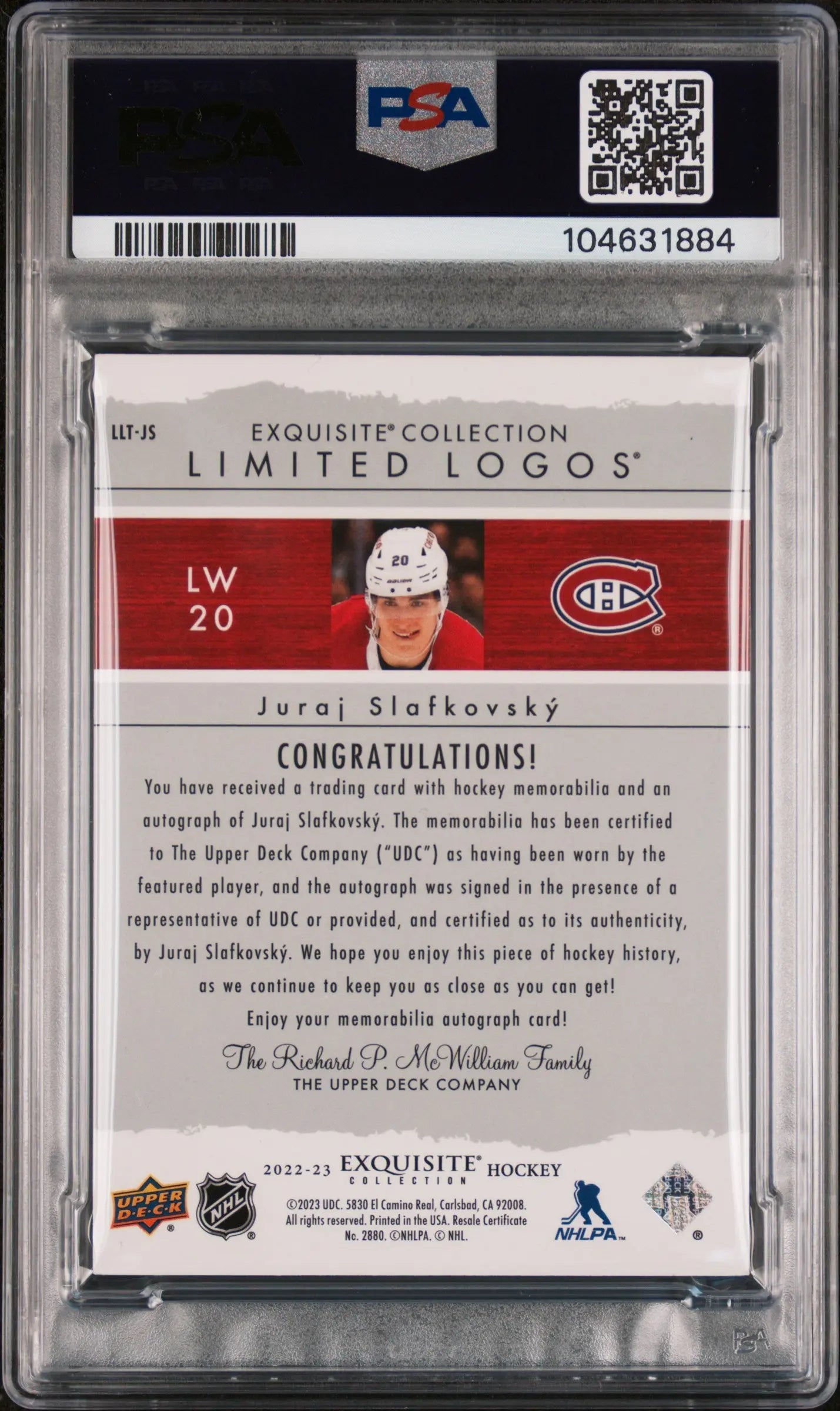 2022 UD The Cup Juraj Slafkovsky RC Exquisite Limited Logo Auto Patch PSA 10 /50 