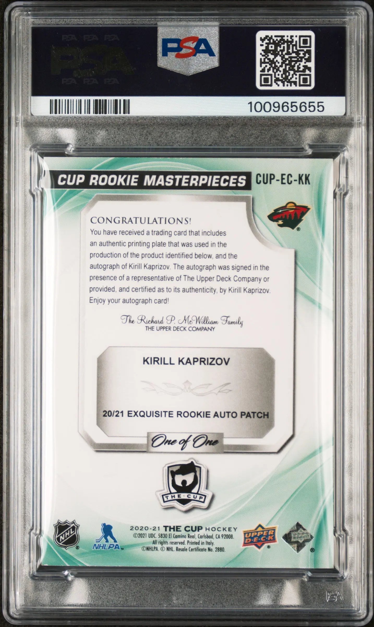 2022 UD The Cup RC Masterpiece Printing Plates Kirill Kaprizov PSA Authentic 1/1 