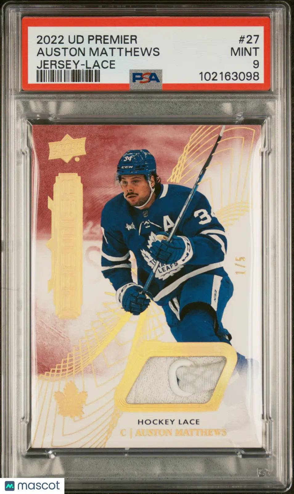 2022 Upper Deck Premier Auston Matthews Jersey Lace Gold Foil PSA 9 1/5 