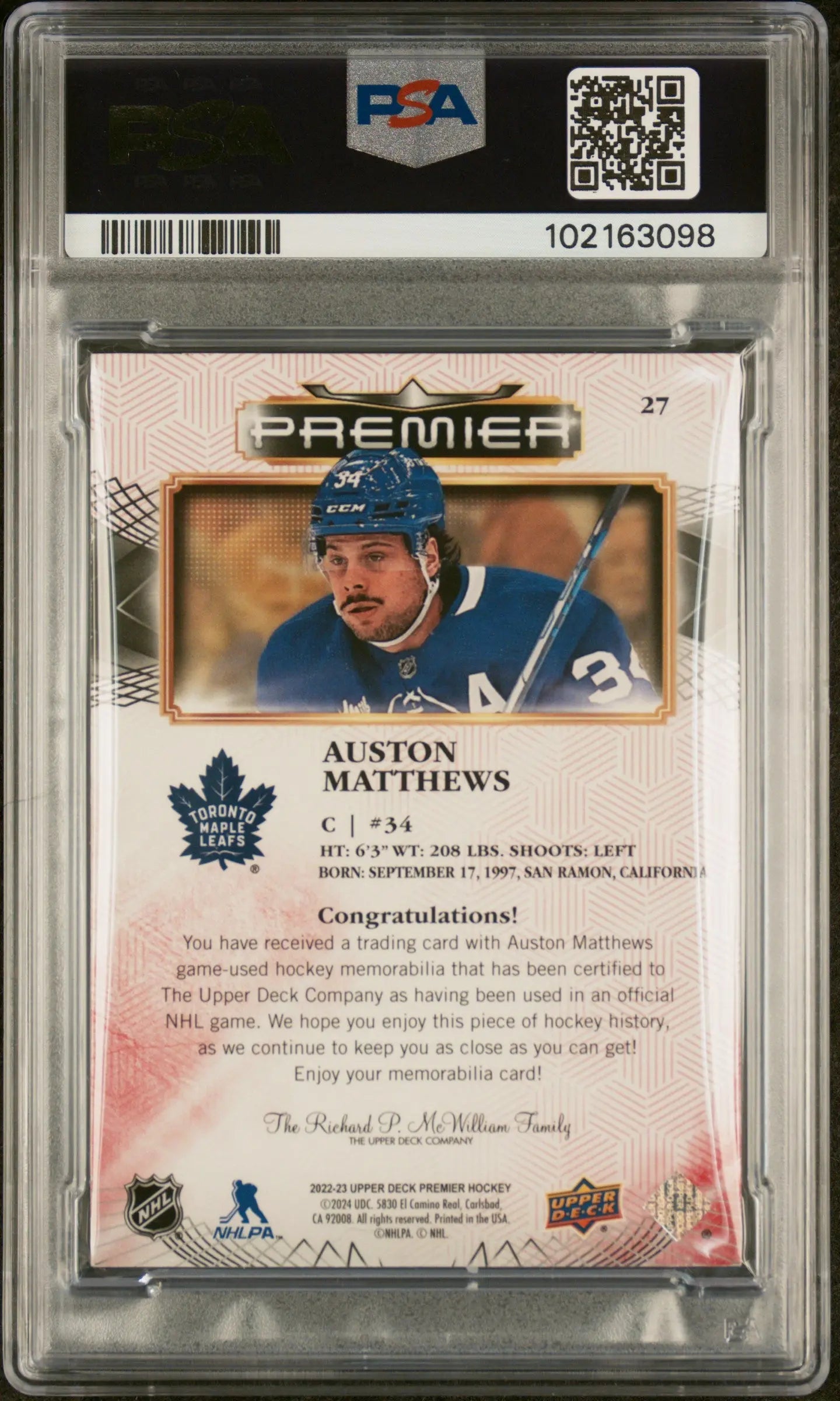 2022 Upper Deck Premier Auston Matthews Jersey Lace Gold Foil PSA 9 1/5 