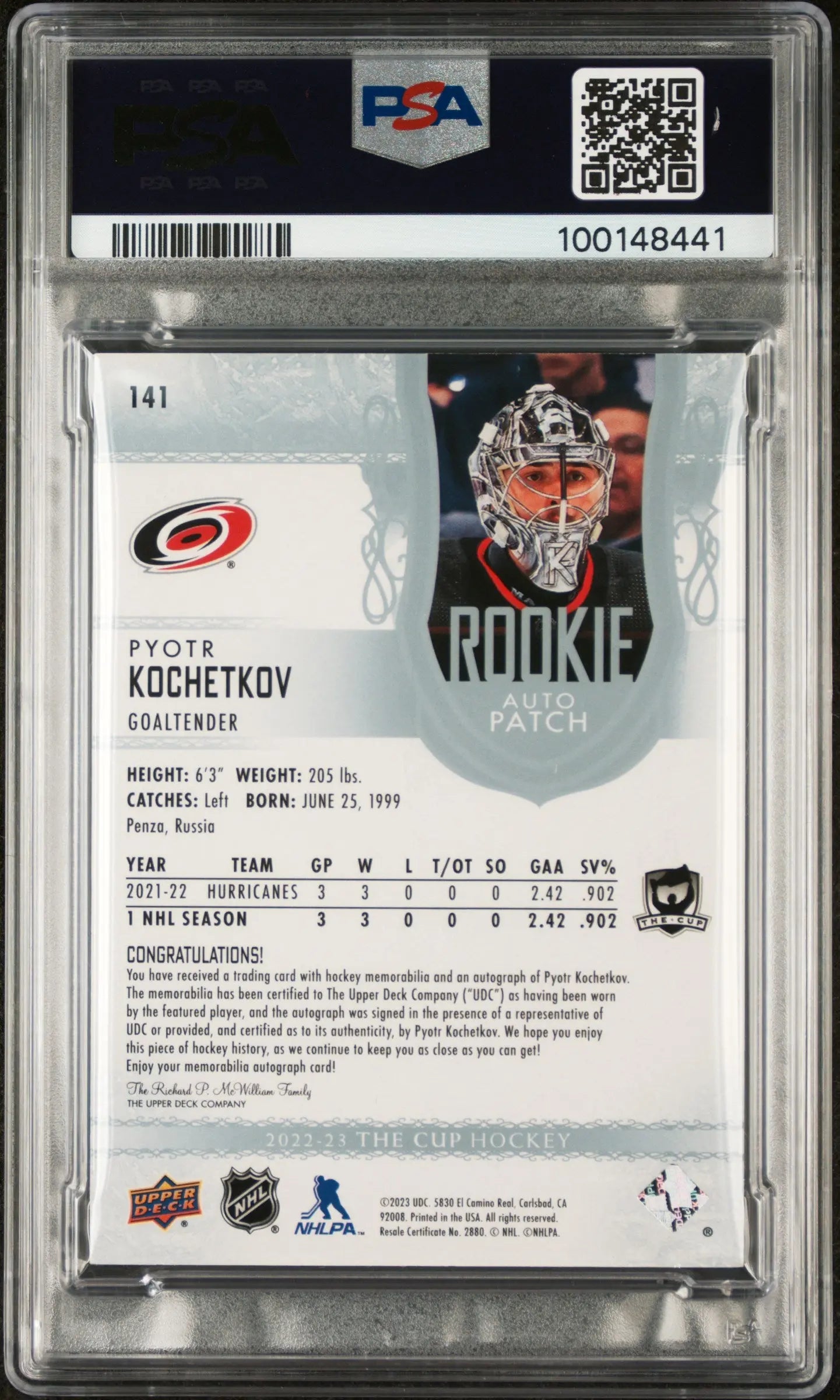 2022 Upper Deck The Cup Pyotr Kochetkov Rookie Patch Auto PSA 9 /249 