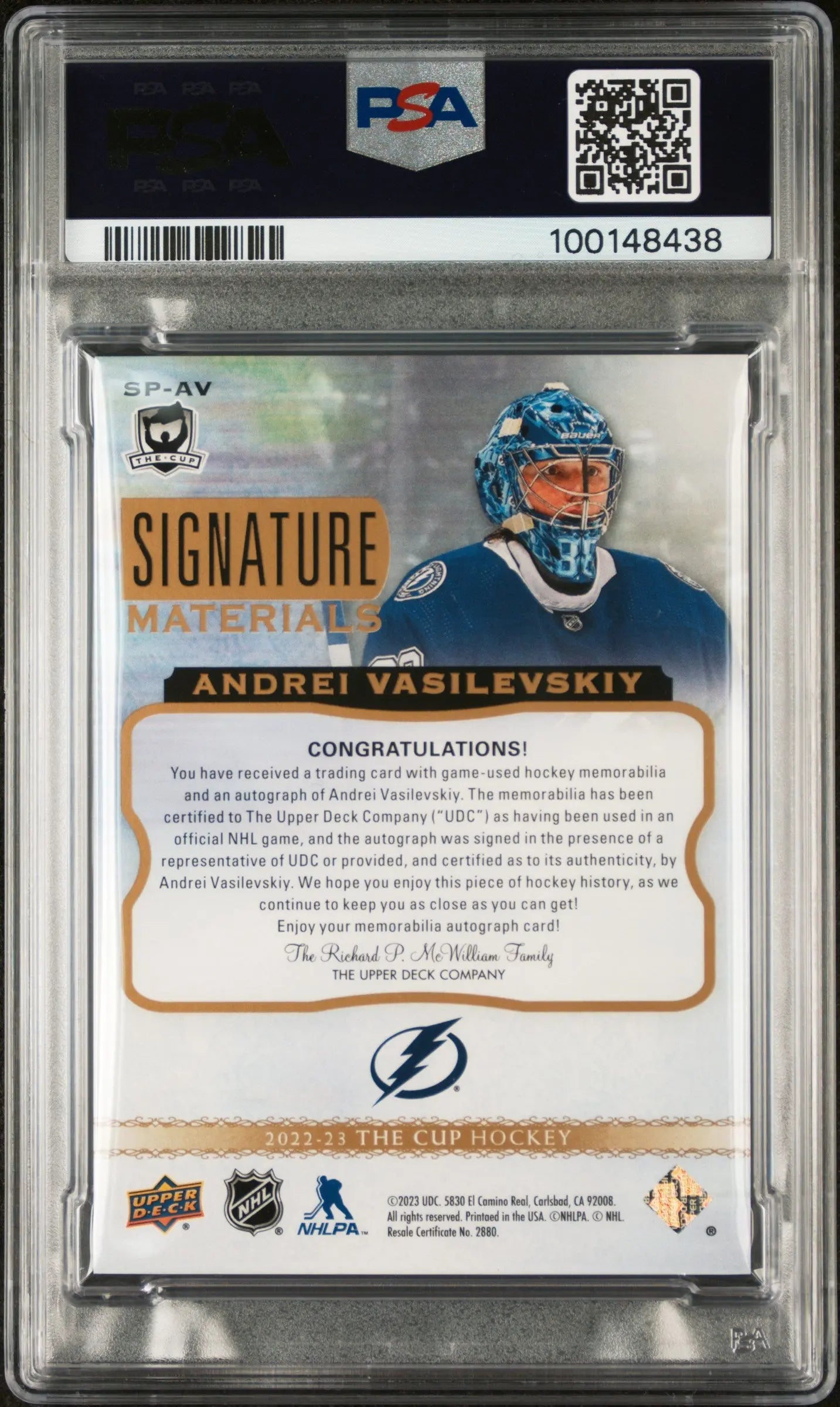 2022 Upper Deck The Cup Signature Auto Patches Andrei Vasilevskiy PSA 10 /99 