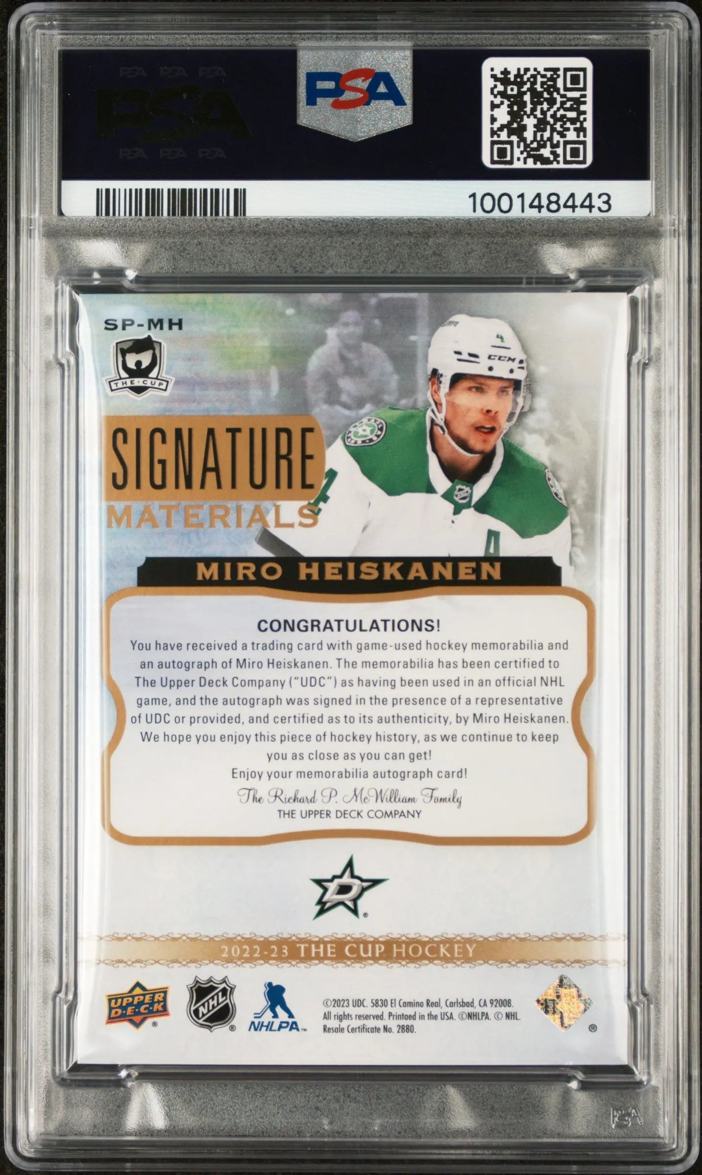 2022 Upper Deck The Cup Signature Auto Patches Gold Miro Heiskanen PSA 10 /99 