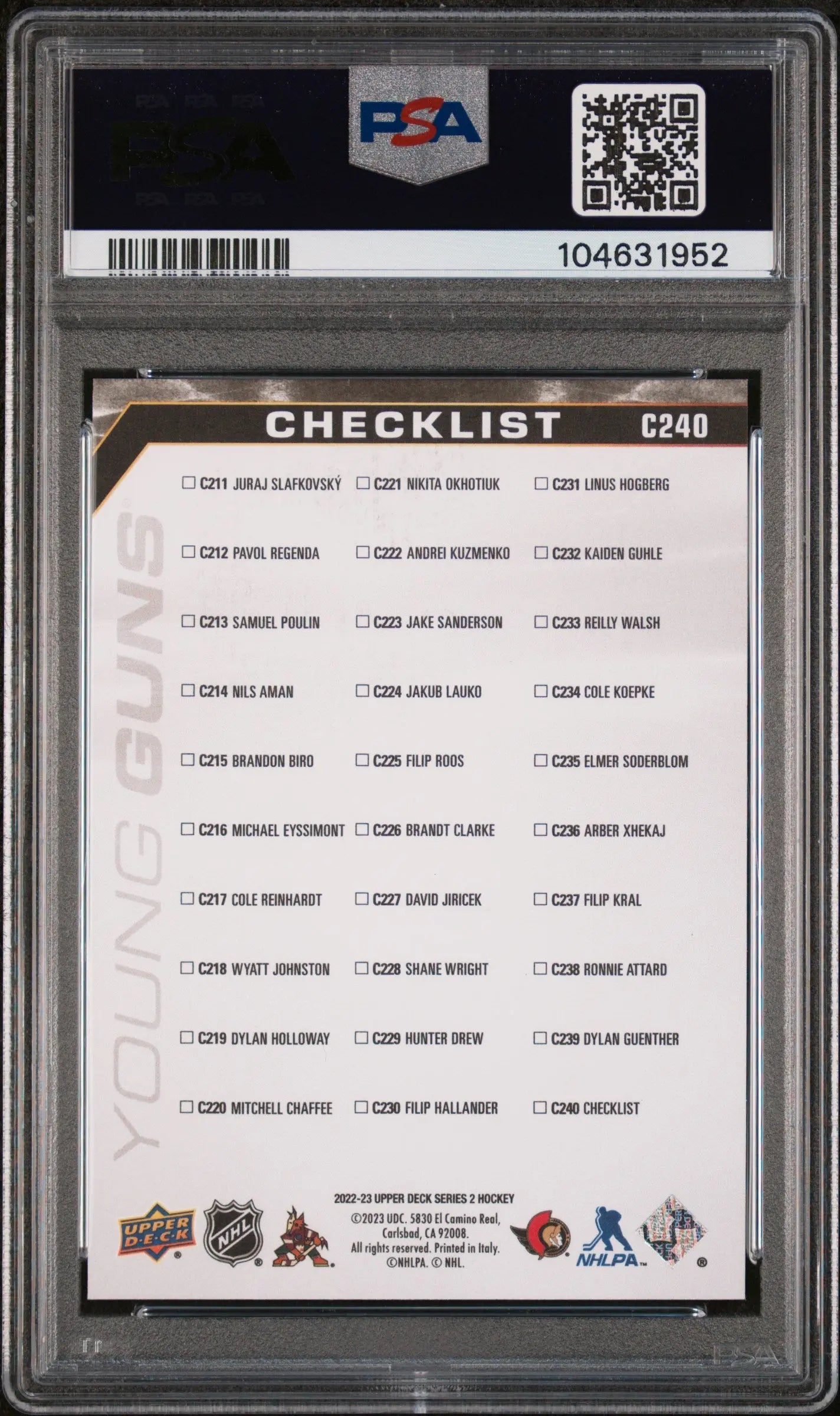 2022 Upper Deck UD Canvas Young Guns RC Checklist B&W Sanderson Guenther PSA 10 