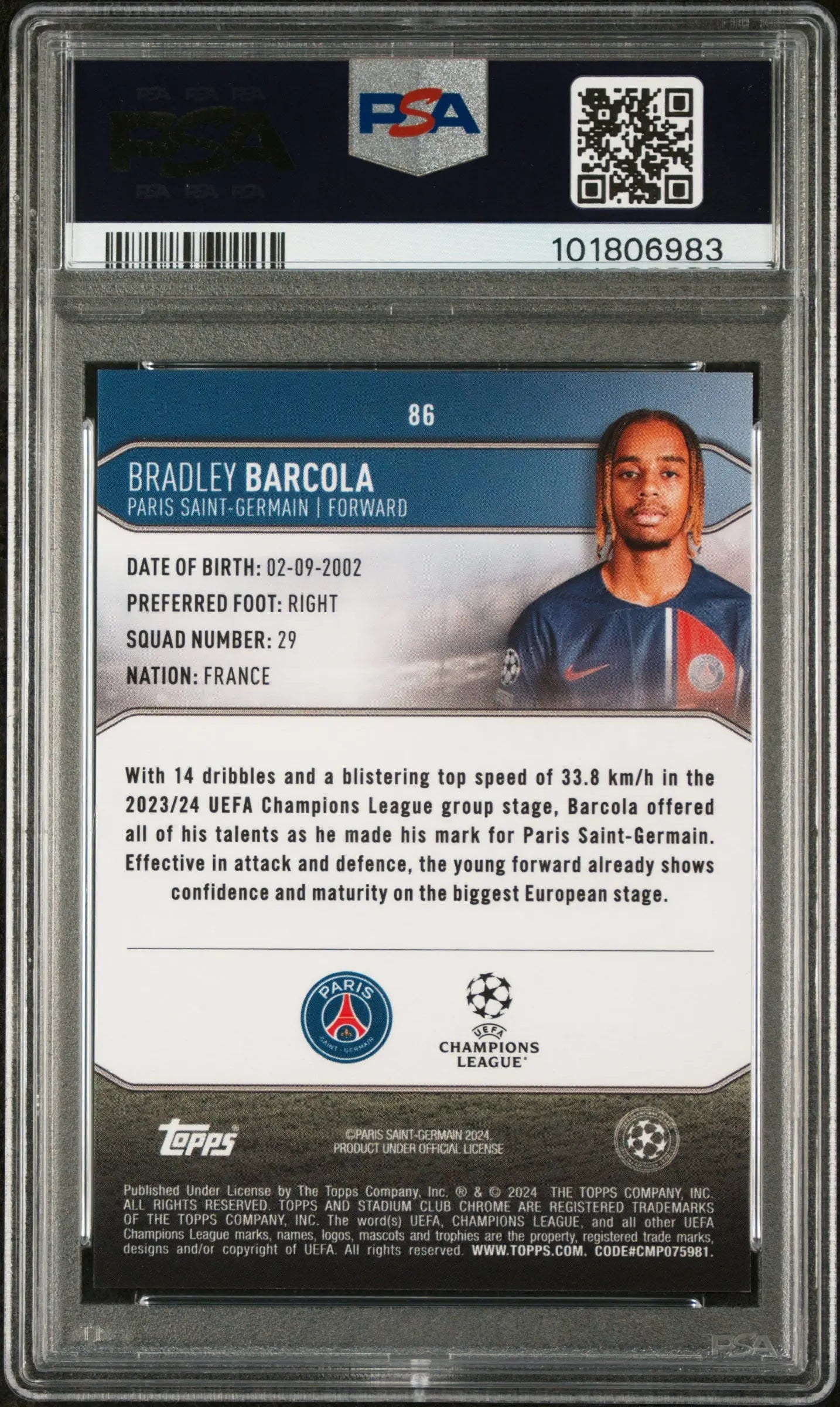 2023-24 Stadium Club Chrome UCC Bradley Barcola RC Gold Image Var. PSA 9 /50 