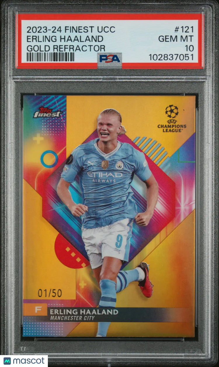 2023-24 Topps Finest UEFA CC Erling Haaland Gold Refractor PSA 10 1/50 