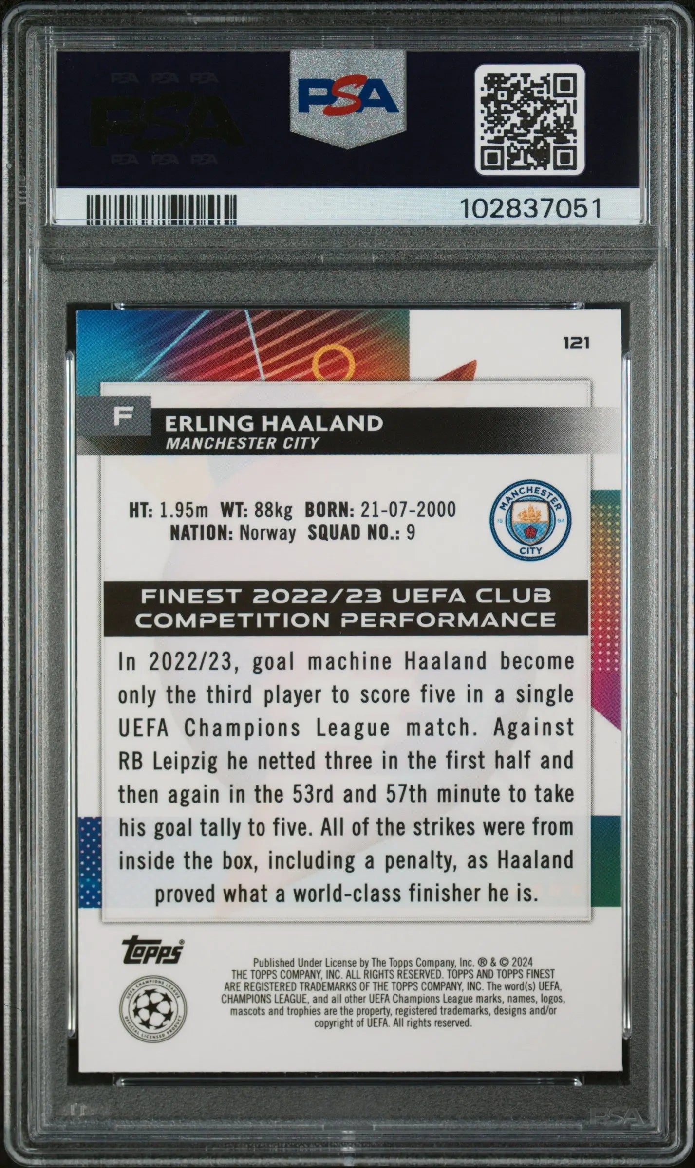 2023-24 Topps Finest UEFA CC Erling Haaland Gold Refractor PSA 10 1/50 