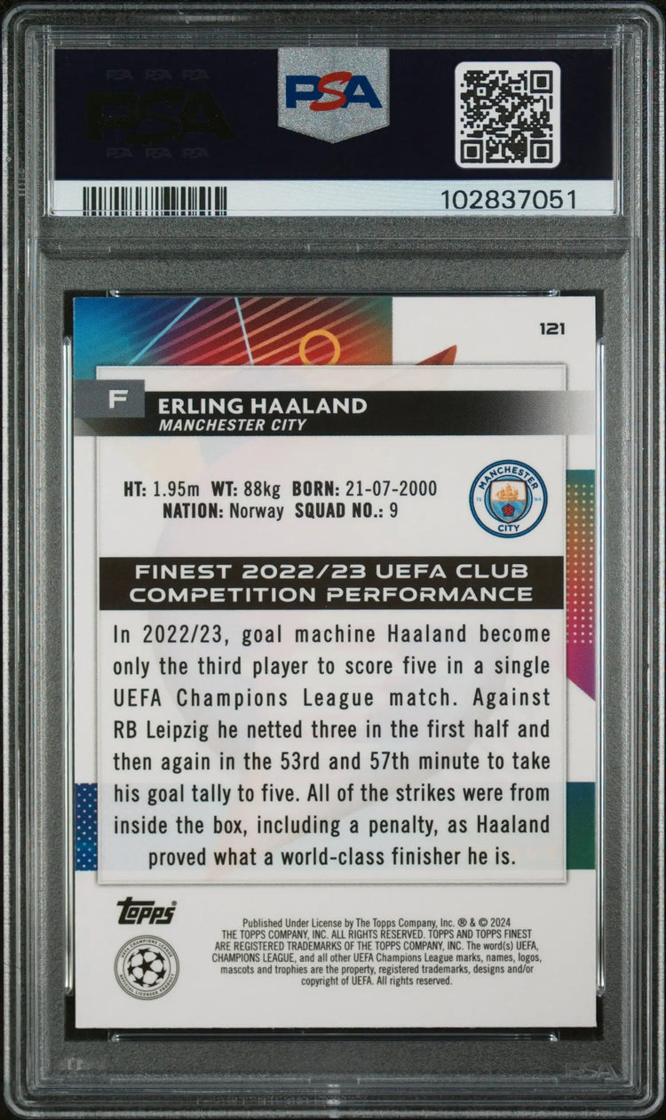 2023-24 Topps Finest UEFA CC Erling Haaland Gold Refractor PSA 10 1/50 