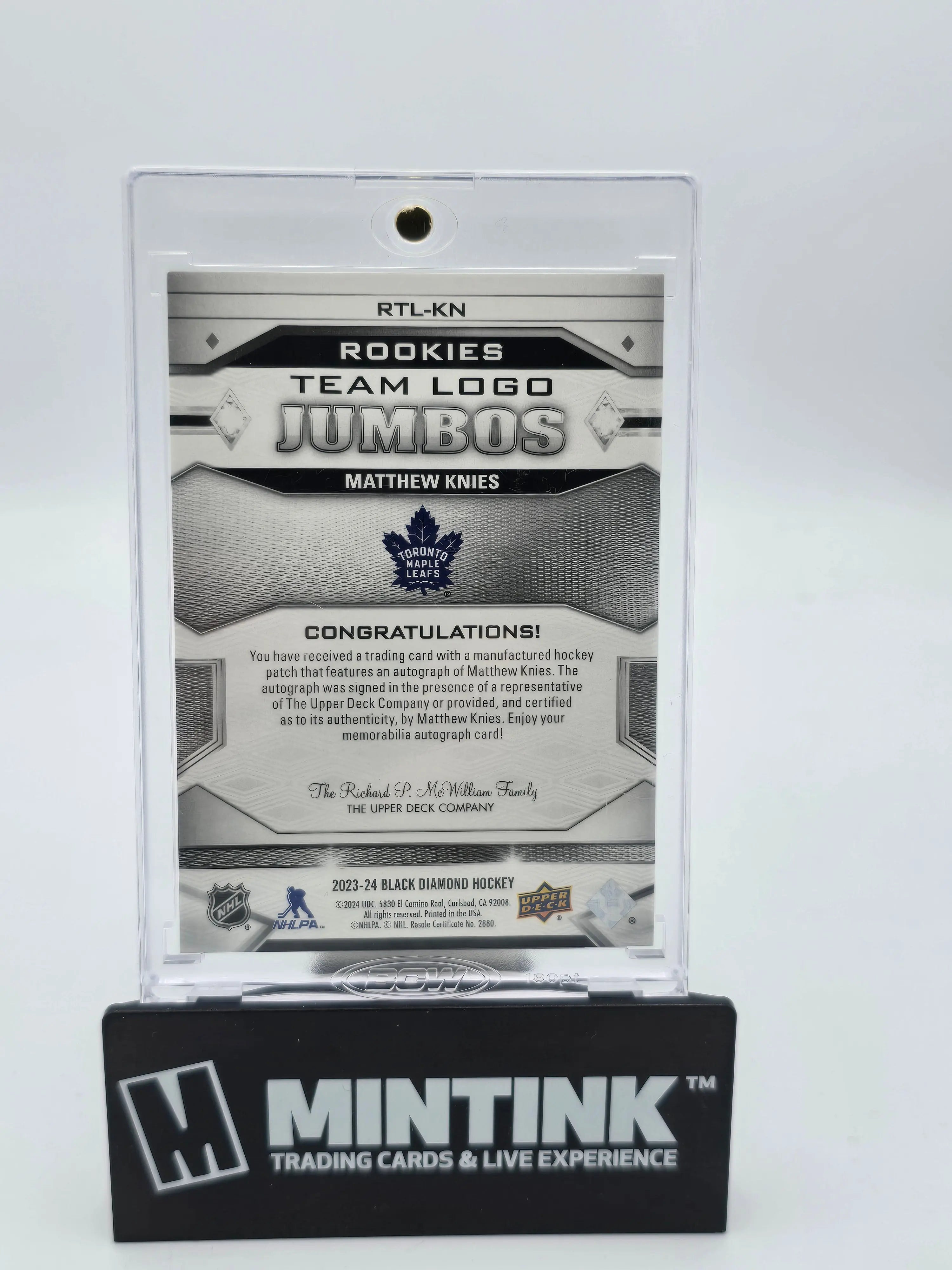 2023-24 UD Black Diamond Hockey Matthew Knies Rookie Jumbo Team Logo Auto /99 