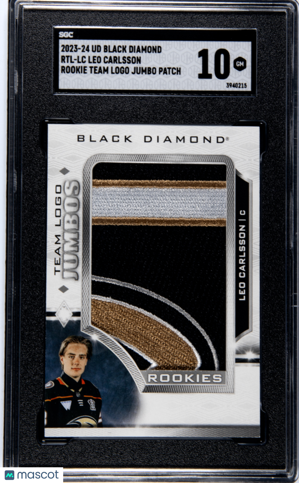 2023-24 Ud Black Diamond Leo Carlsson Rookie Team Logo Jumbo Patch Sgc 10 1