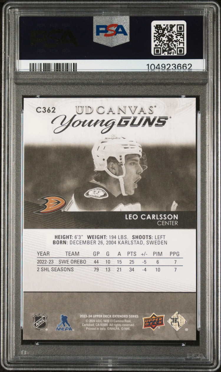 2023-24 UD Extended Series Leo Carlsson Young Guns RC Black & White PSA 10 