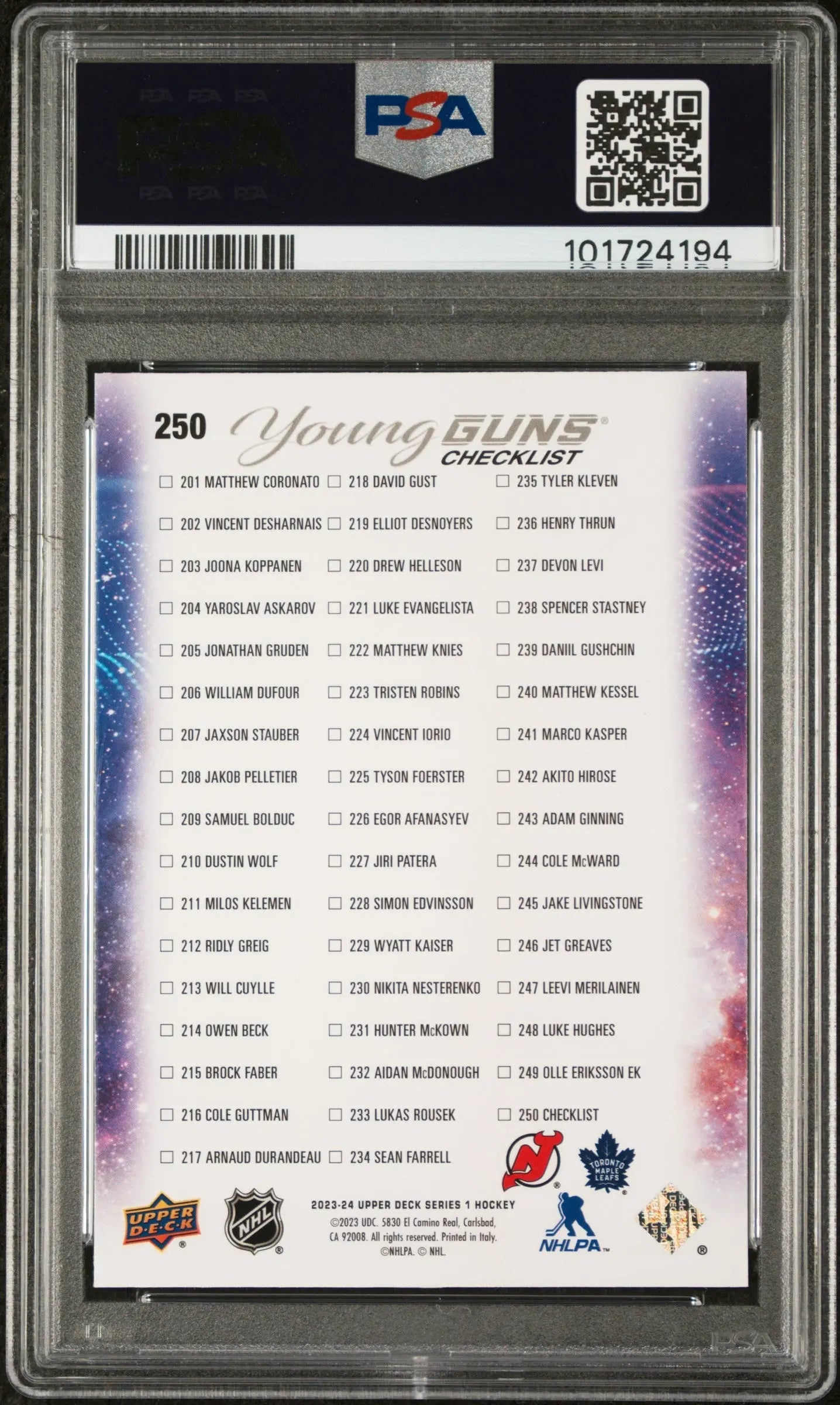 2023-24 UD Series 1 Hockey Knies Hughes Outburst Young Guns Checklist PSA 9 