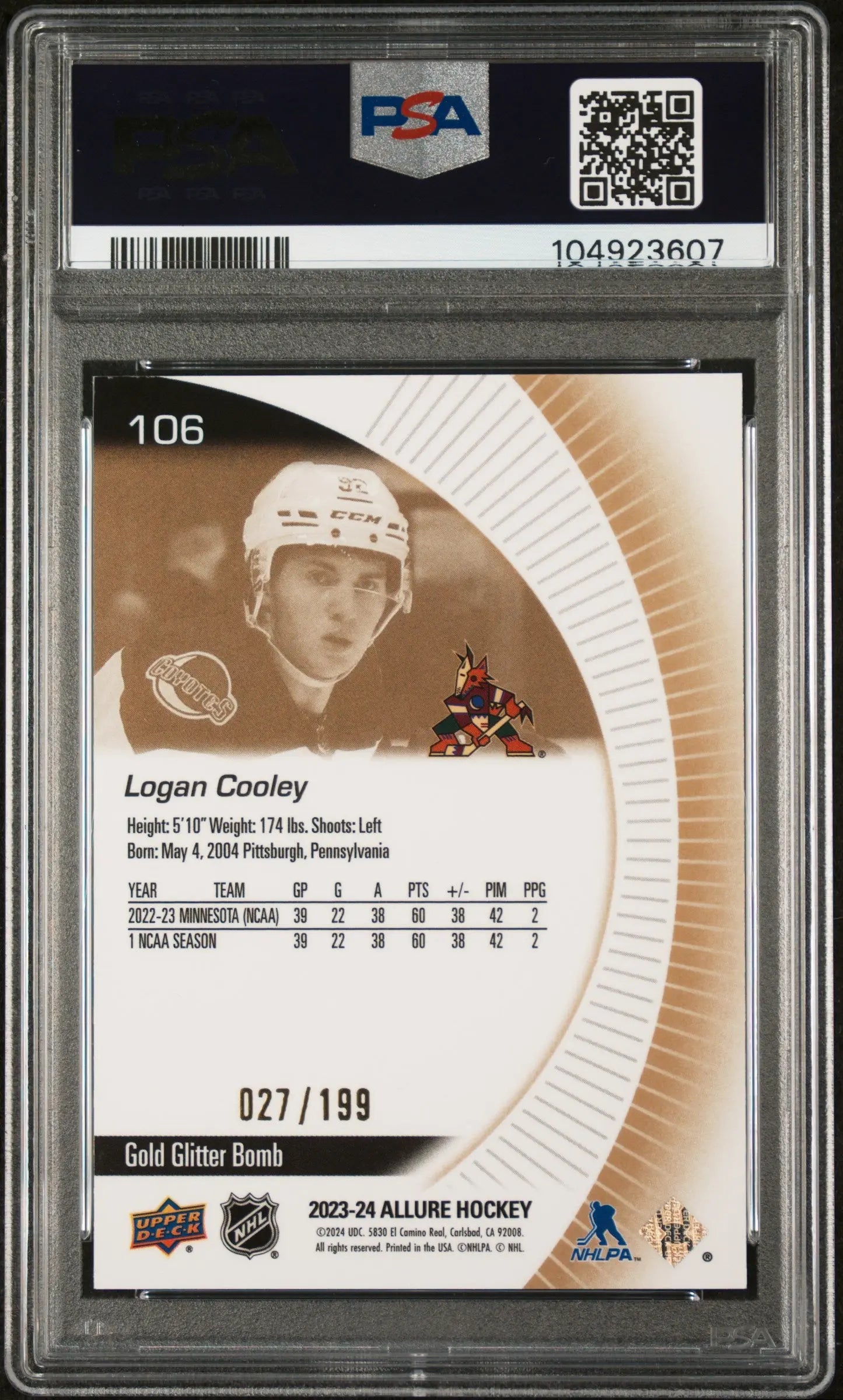 2023-24 Upper Deck Allure Logan Cooley RC Rookie Gold Glitter Bomb PSA 8 /199 