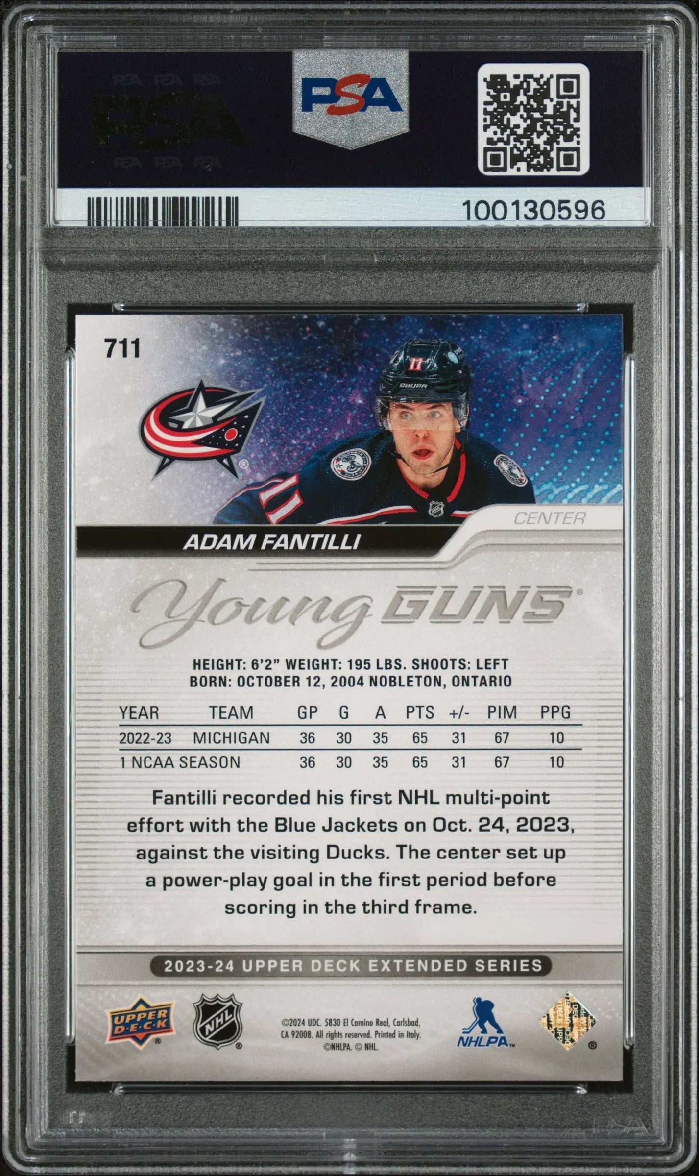 2023-24 Upper Deck Extended Series Adam Fantilli Young Guns RC PSA 9 