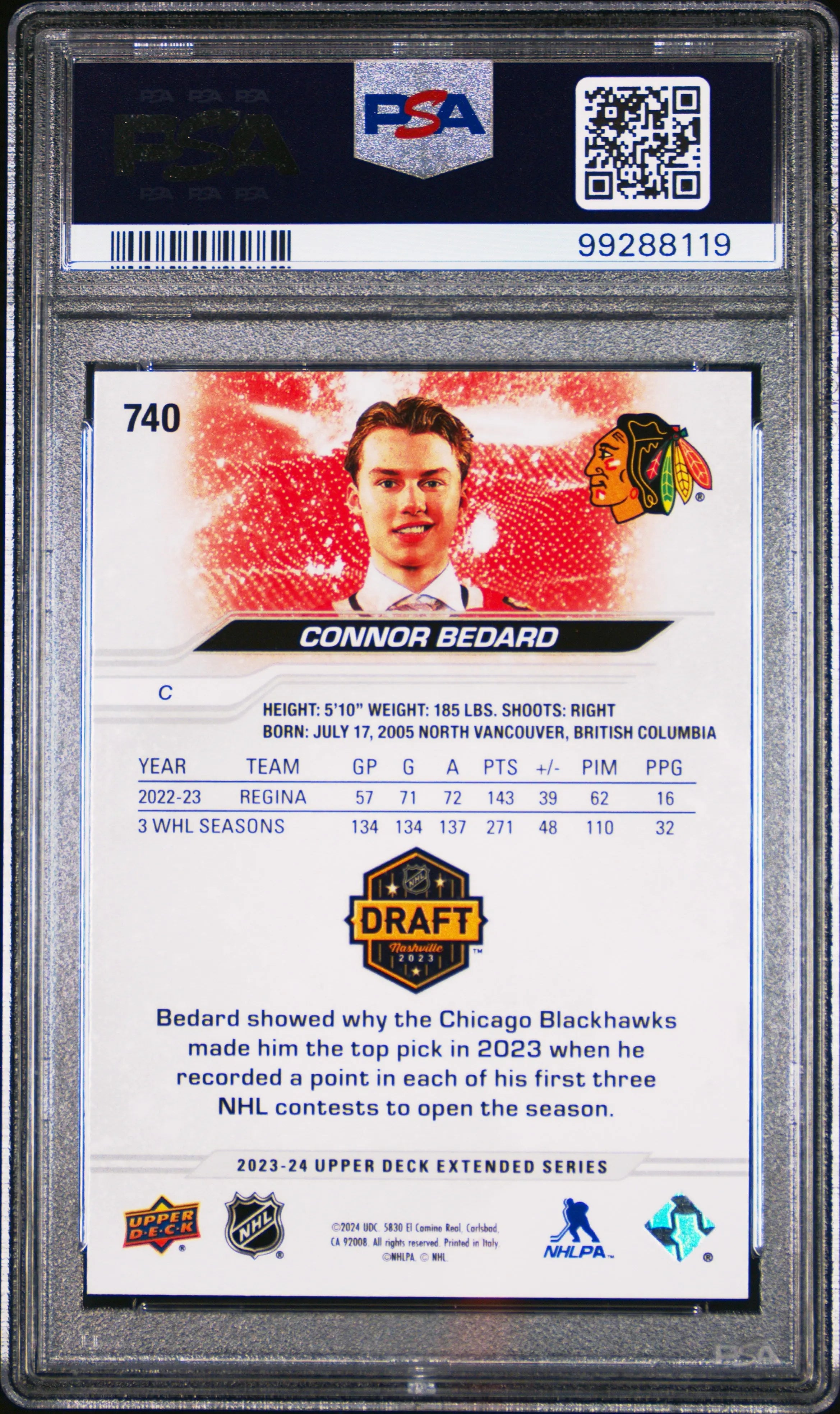 2023-24 Upper Deck Extended Series Connor Bedard Draft Outburst PSA 10 