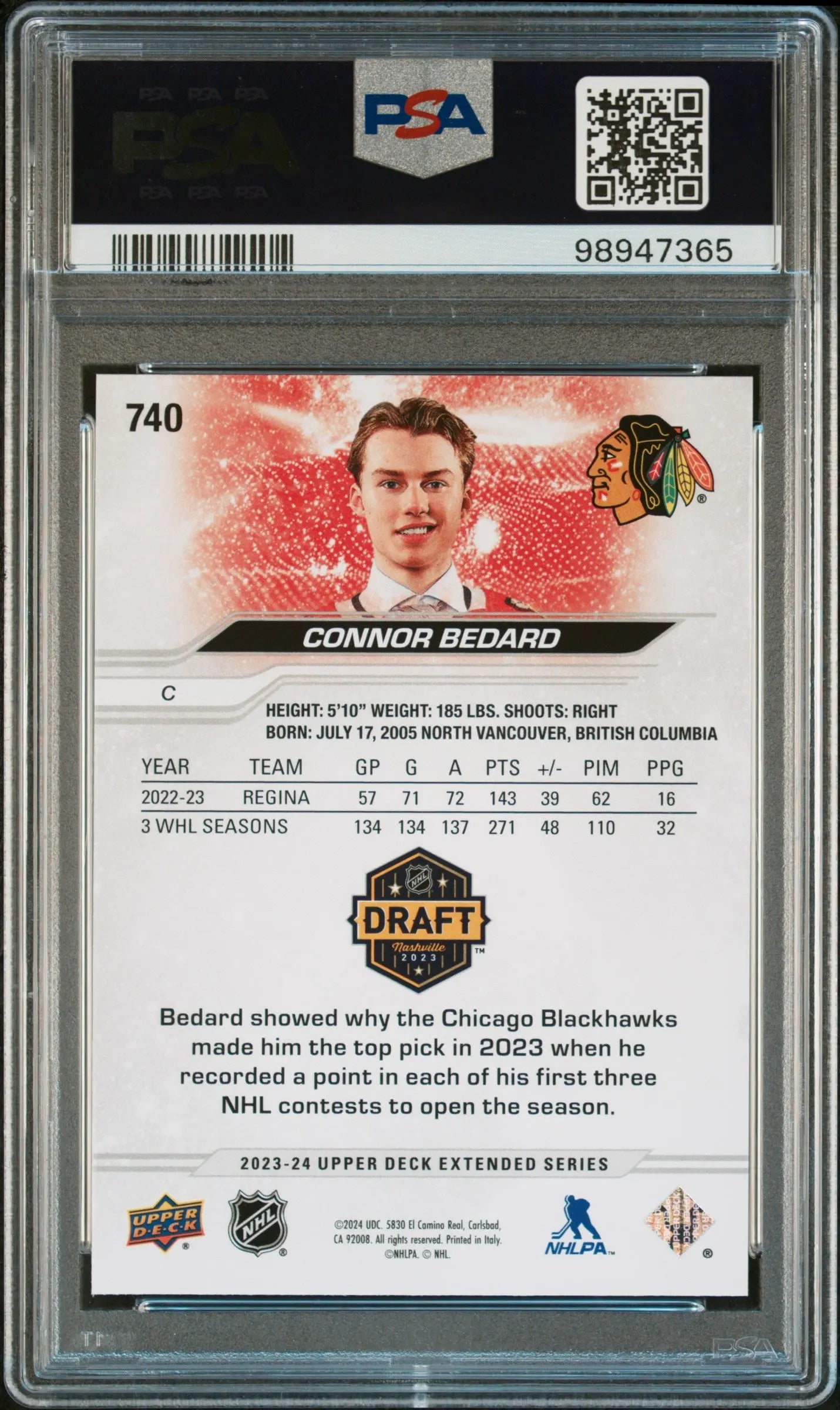 2023-24 Upper Deck Extended Series Connor Bedard RC Draft Outburst PSA 10 