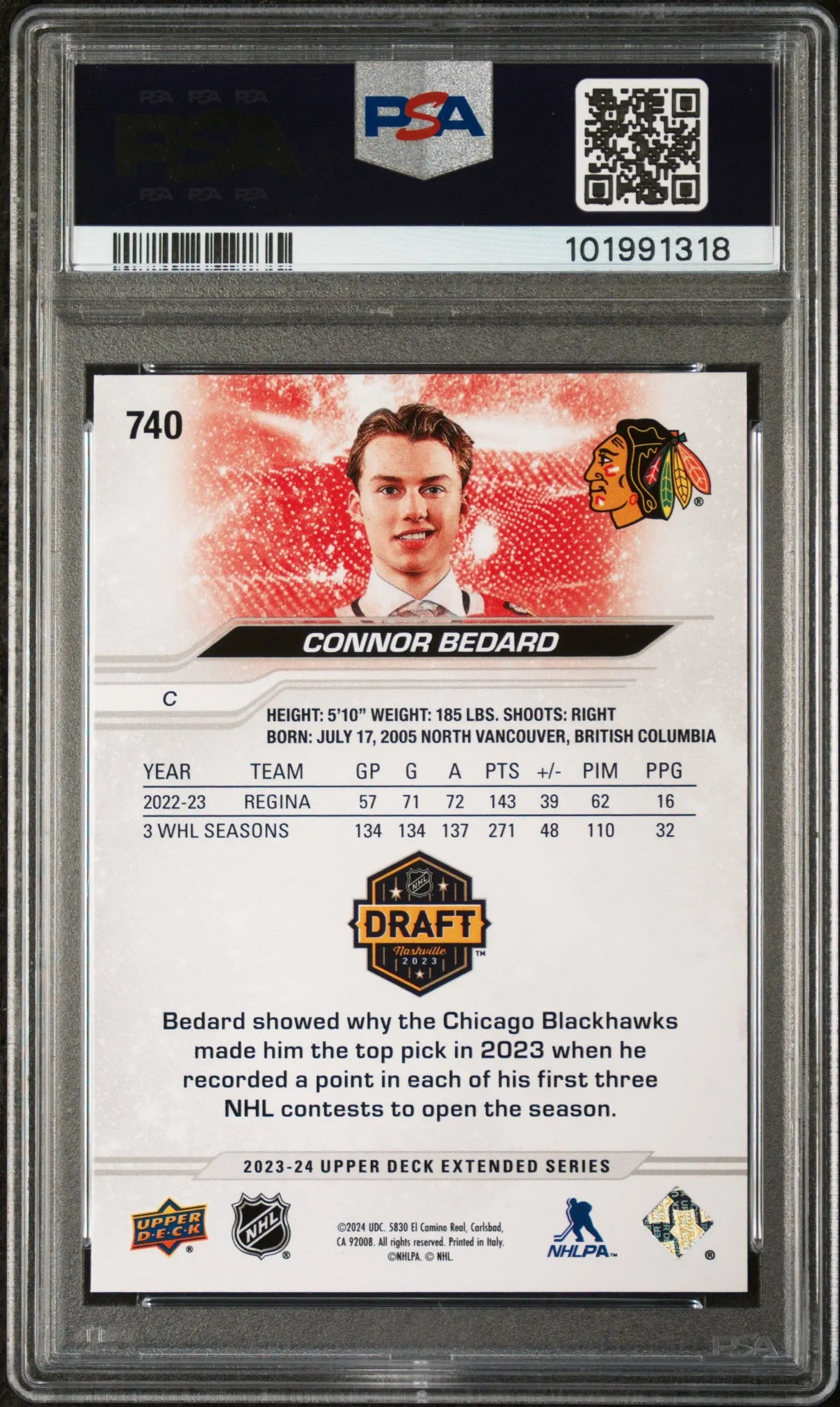 2023-24 Upper Deck Extended Series Connor Bedard RC Draft PSA 10 