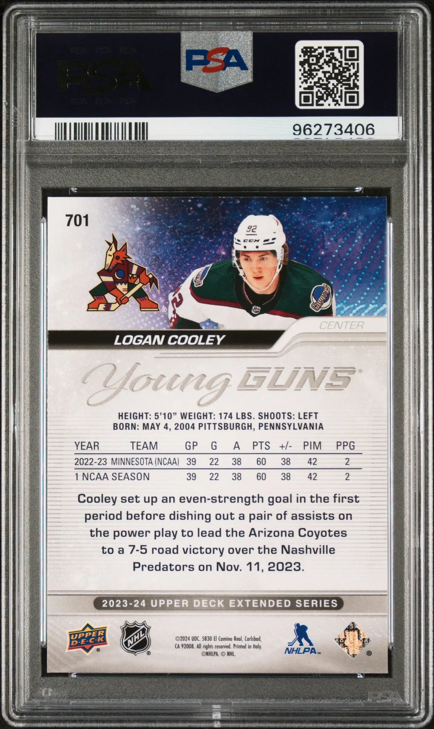 2023-24 Upper Deck Extended Series Logan Cooley Young Guns RC PSA 10 