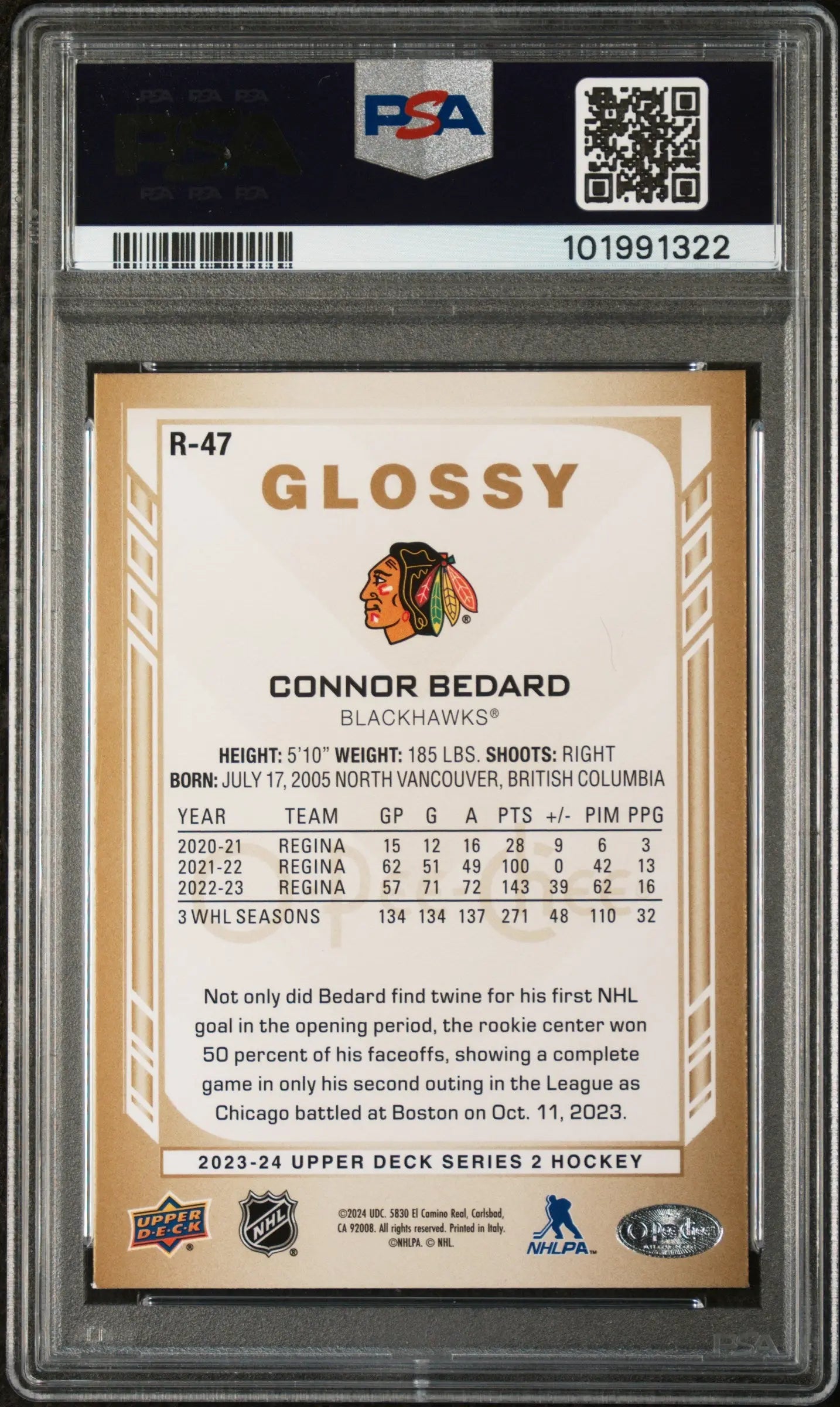 2023-24 Upper Deck O-Pee-Chee Glossy Gold Connor Bedard RC PSA 10 