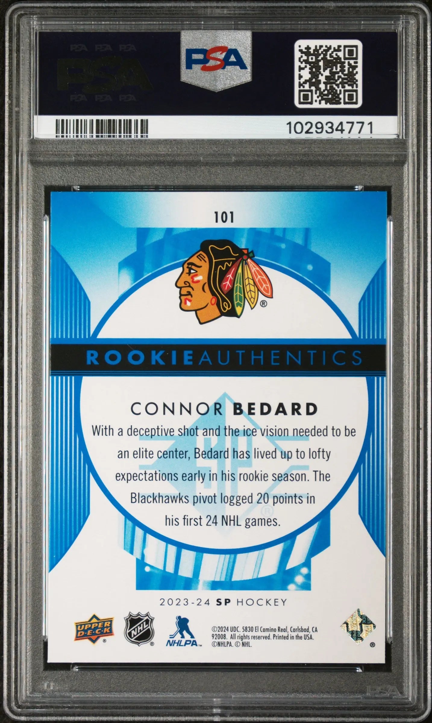 2023-24 Upper Deck SP Authentic Connor Bedard Rookie Blue PSA 10 