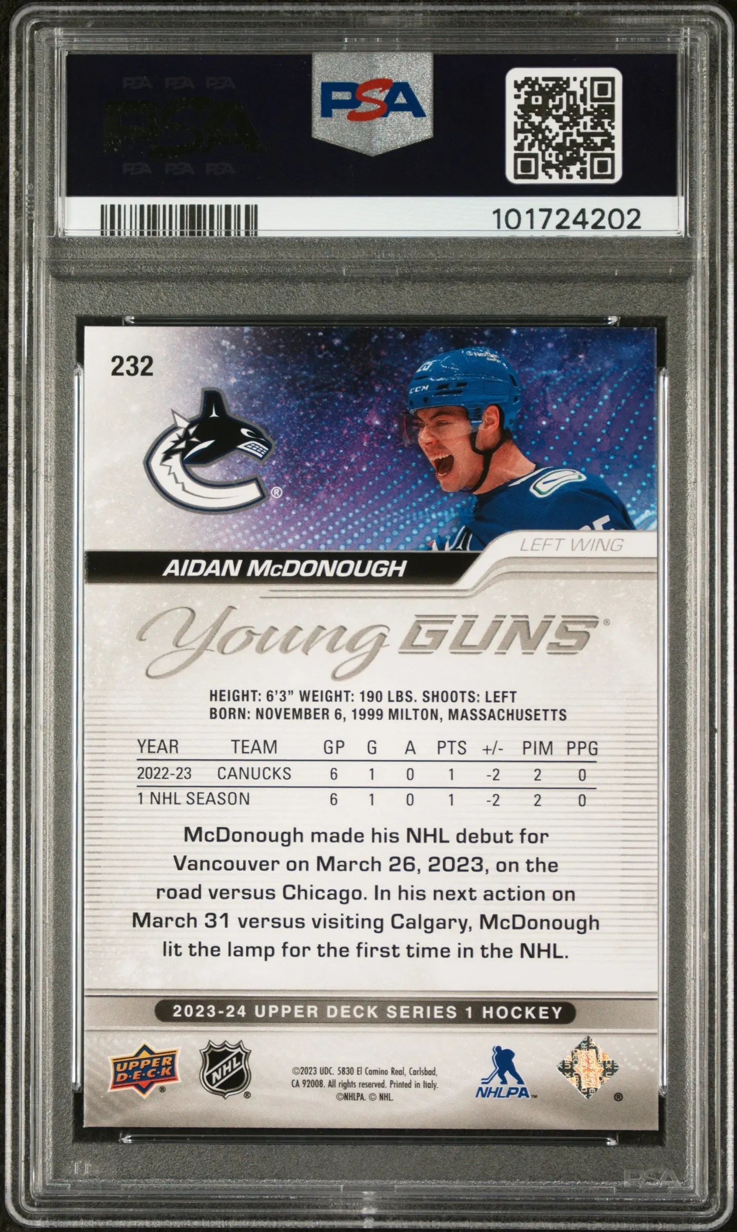 2023-24 Upper Deck Series 1 Aidan Mcdonough Silver Outburst Young Guns PSA 10 