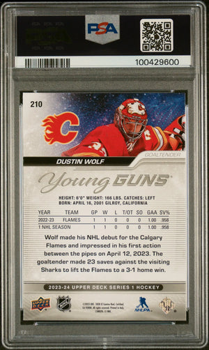 2023-24 Upper Deck  Series 1 Dustin Wolf Young Guns RC Silver Outburst PSA 10 