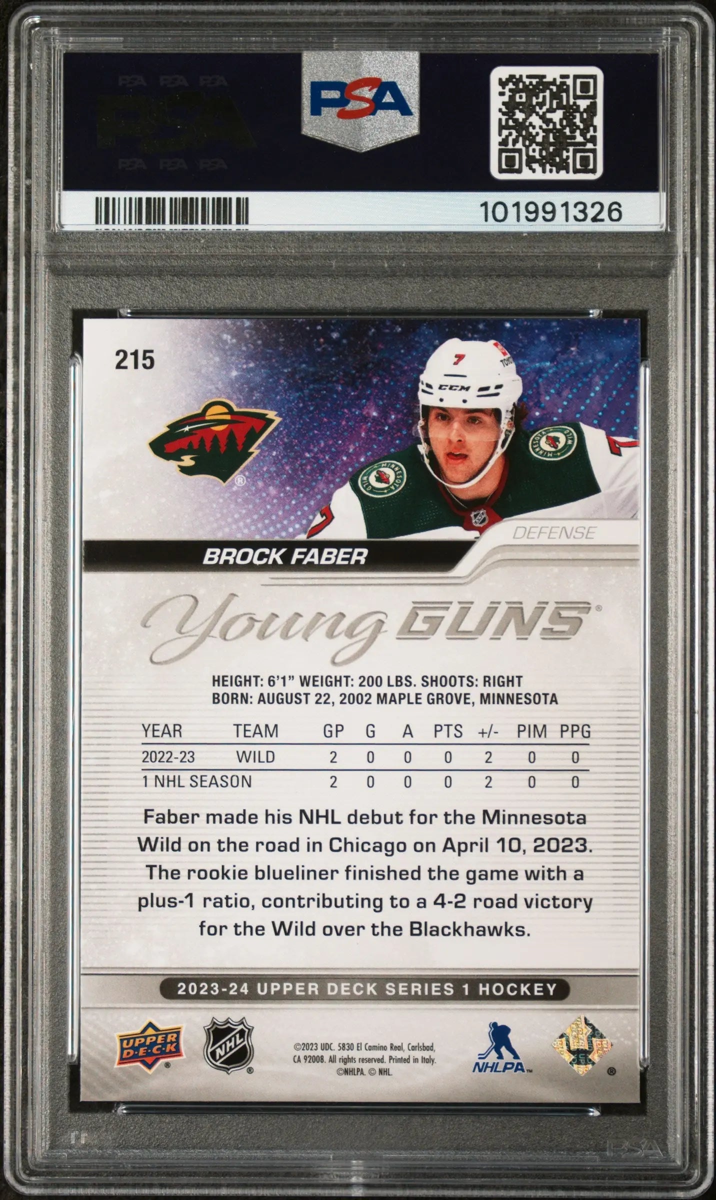 2023-24 Upper Deck Series 1 Hockey Brock Faber Young Guns PSA 9 