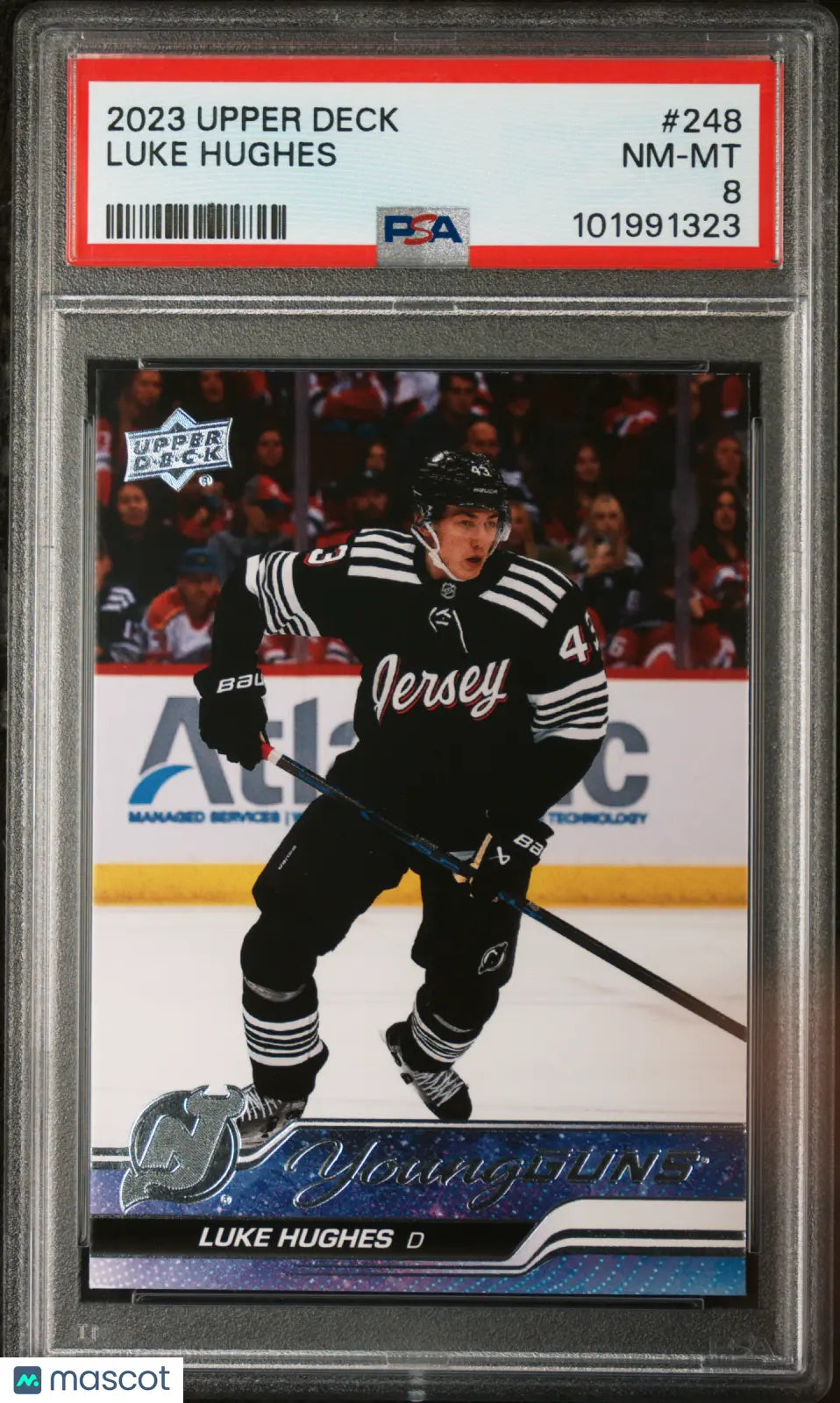 2023-24 Upper Deck Series 1 Hockey Luke Hughes Young Guns PSA 8 