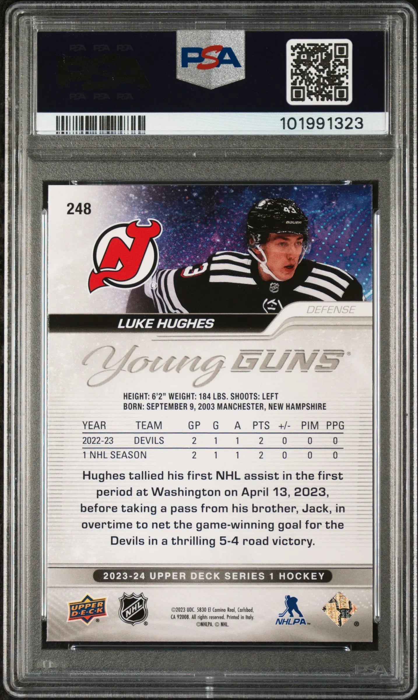 2023-24 Upper Deck Series 1 Hockey Luke Hughes Young Guns PSA 8 