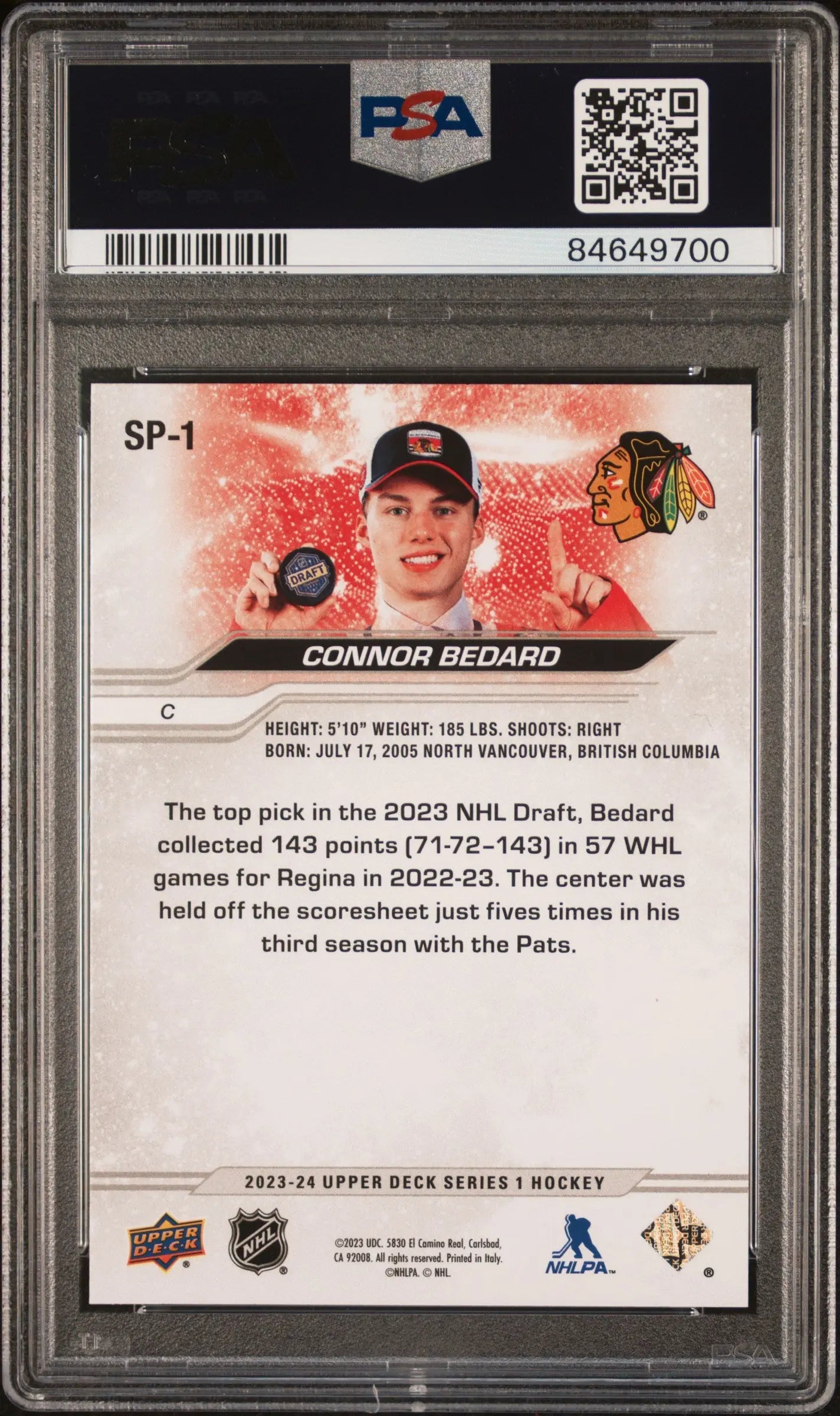 2023-24 Upper Deck Series 1 Hockey NHL Draft SP Connor Bedard RC PSA 9 