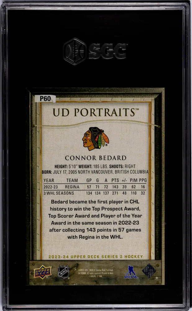 2023-24 Upper Deck Series 2 Hockey Connor Bedard UD Portraits RC SGC 10 