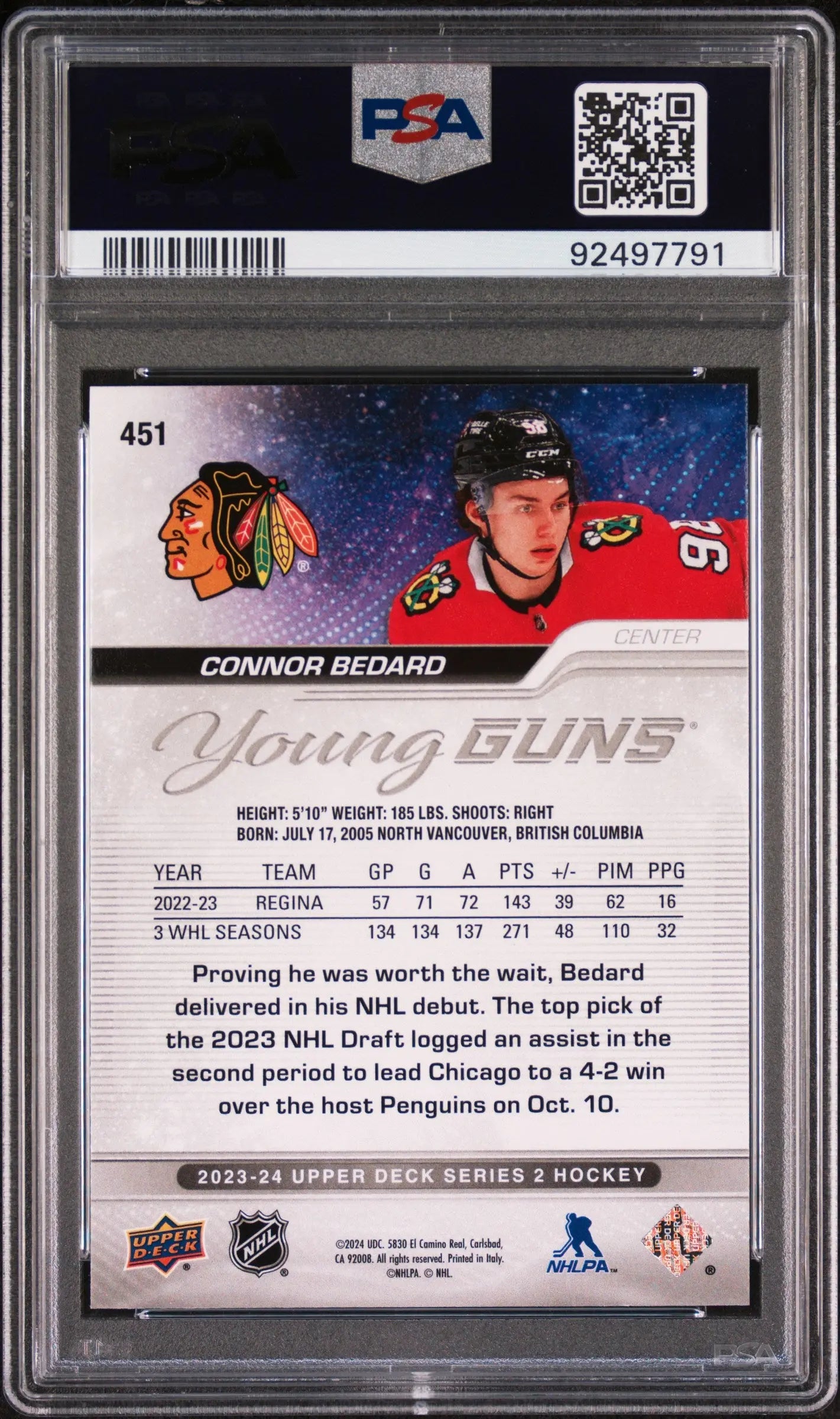 2023-24 Upper Deck Series 2 Hockey Connor Bedard Young Guns PSA 10 