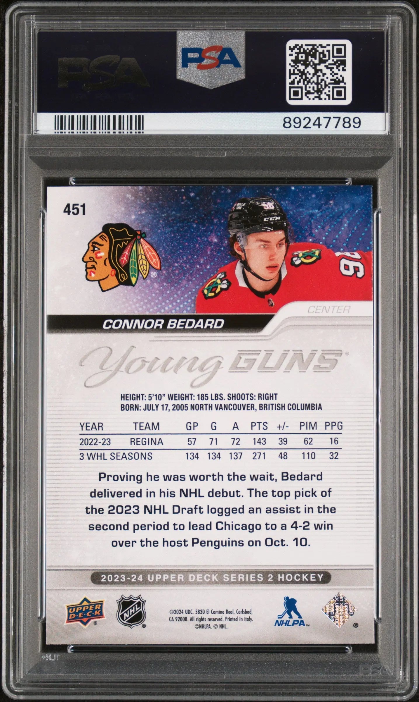 2023-24 Upper Deck Series 2 Hockey Connor Bedard Young Guns RC PSA 10 