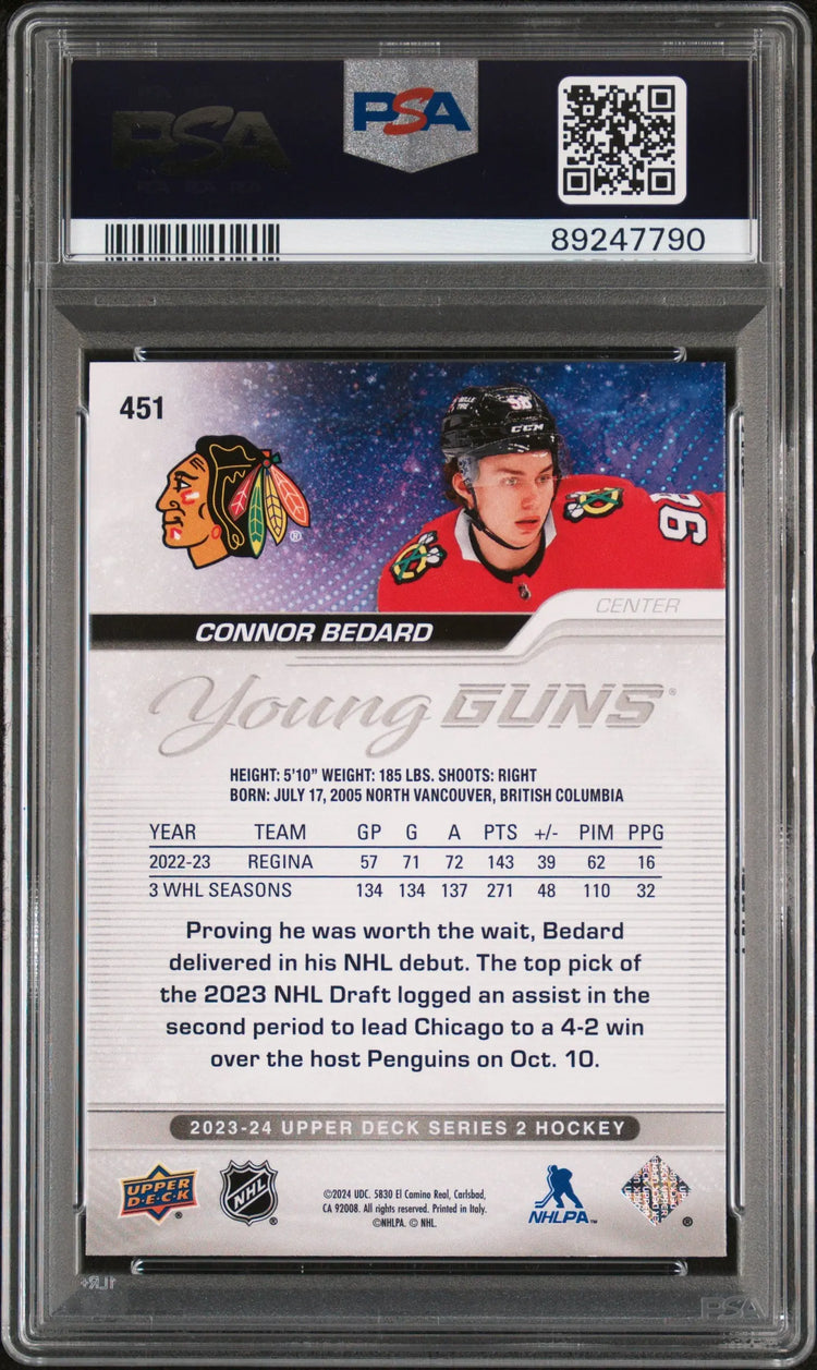 2023-24 Upper Deck Series 2 Hockey Connor Bedard Young Guns RC PSA 10 