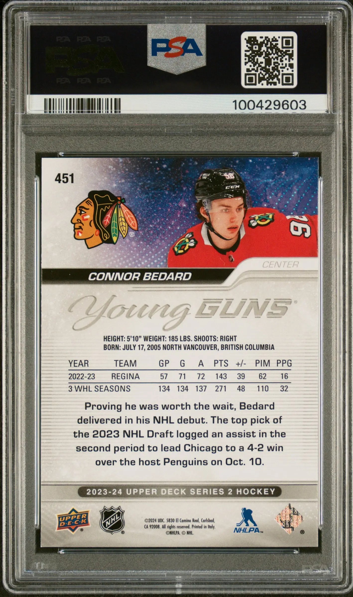 2023-24 Upper Deck Series 2 Hockey Connor Bedard Young Guns RC PSA 10 