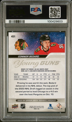 2023-24 Upper Deck Series 2 Hockey Connor Bedard Young Guns RC PSA 10 